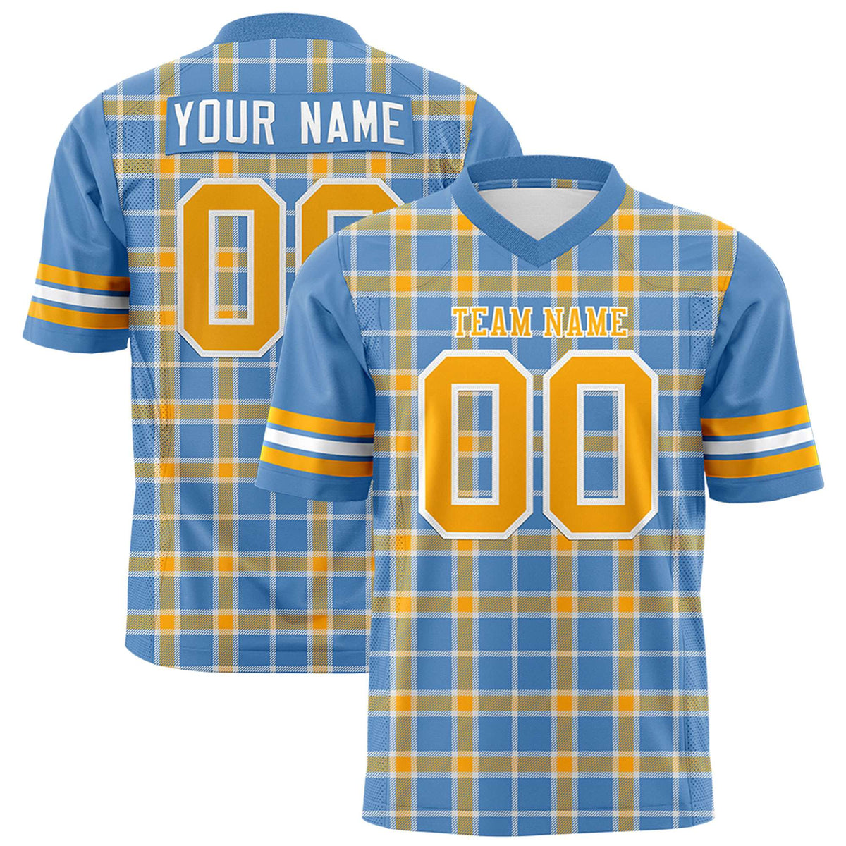 Custom Light Blue Yellow Personalized Plaid Pattern Design Authentic Football Jersey
