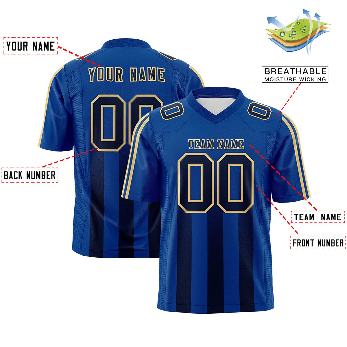 Custom Royal Black Vertical Fine Stripe Gradient Fashion Personalized Team American Football Jersey