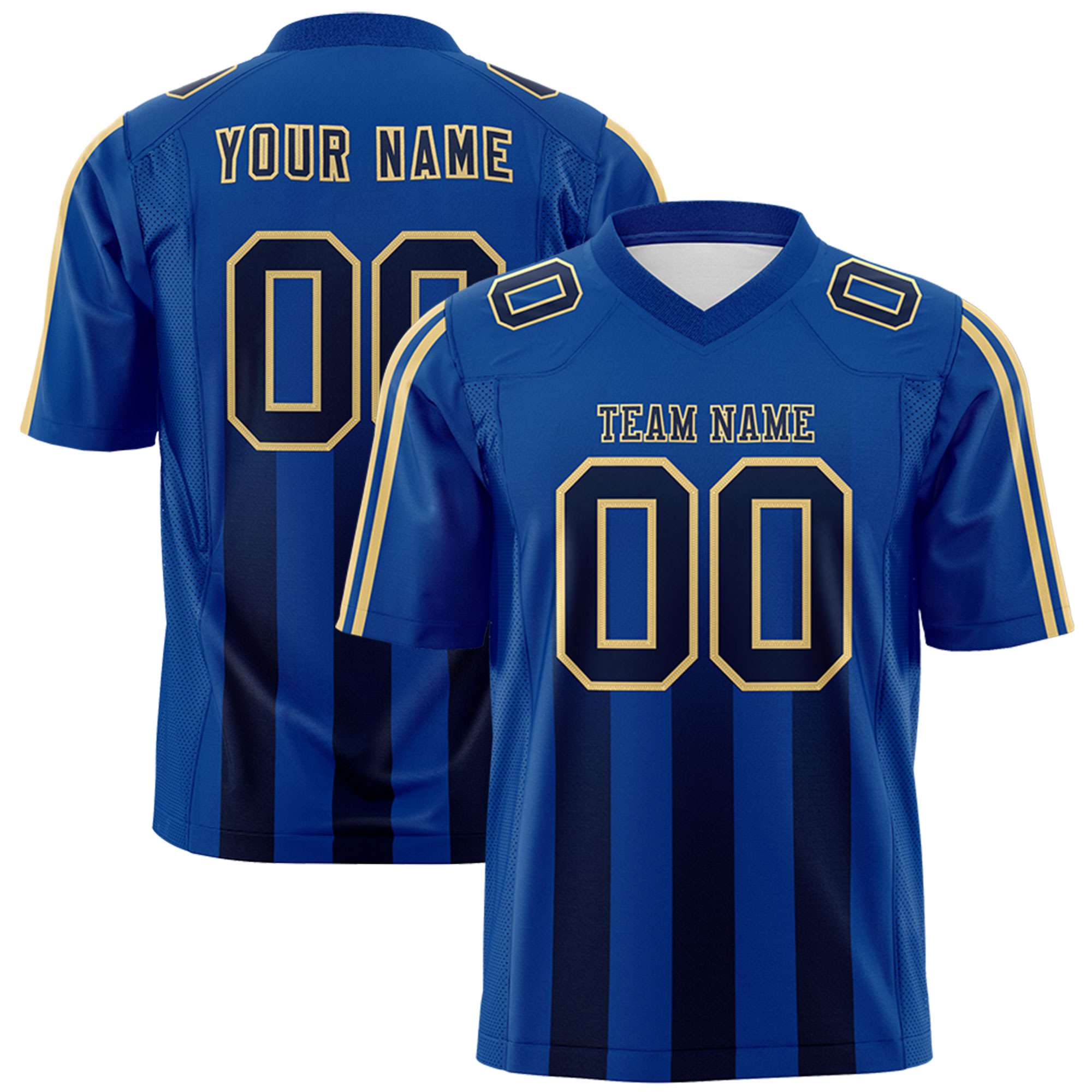 Custom Royal Black Vertical Fine Stripe Gradient Fashion Personalized Team American Football Jersey