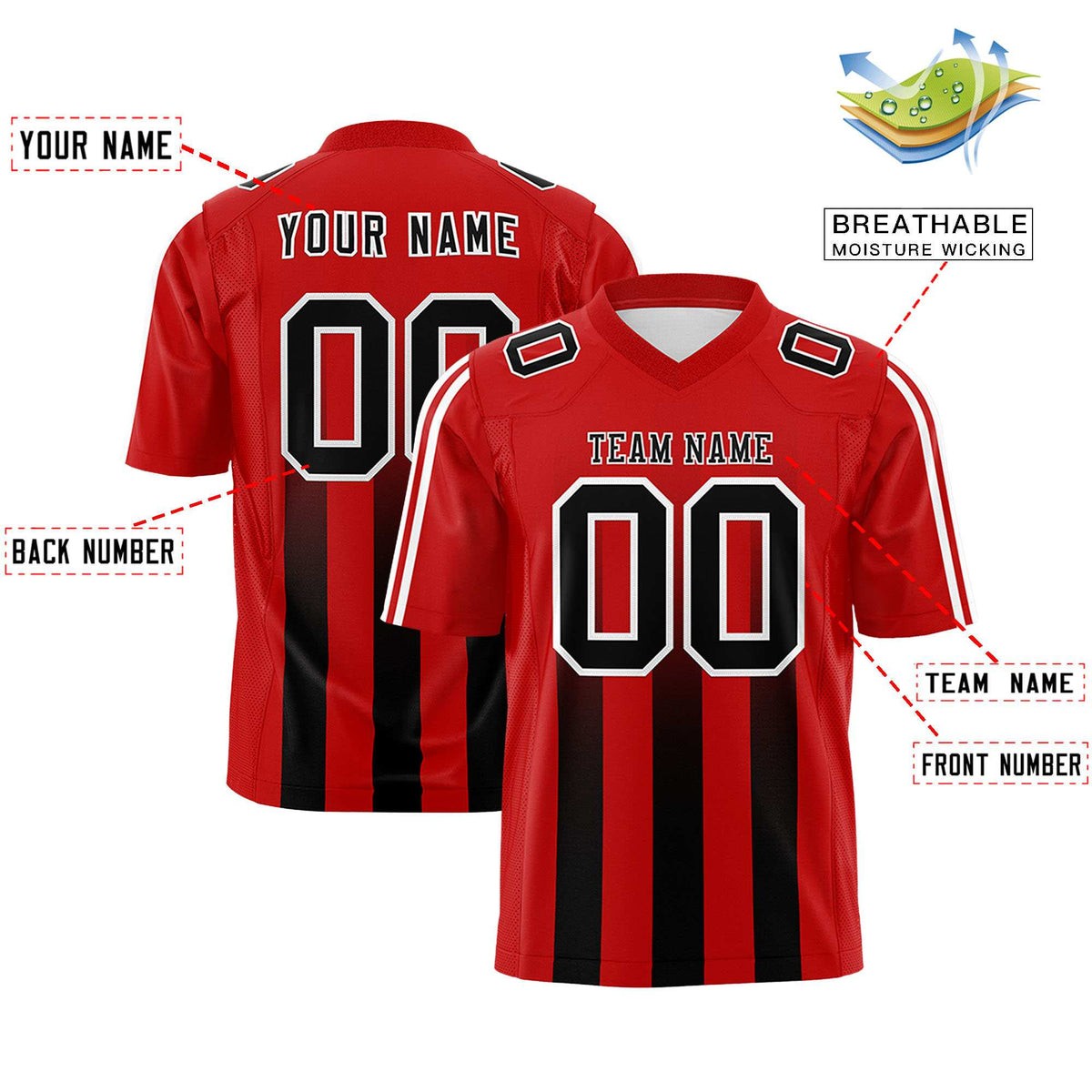 Custom Red Black Vertical Fine Stripe Gradient Fashion Personalized Team American Football Jersey