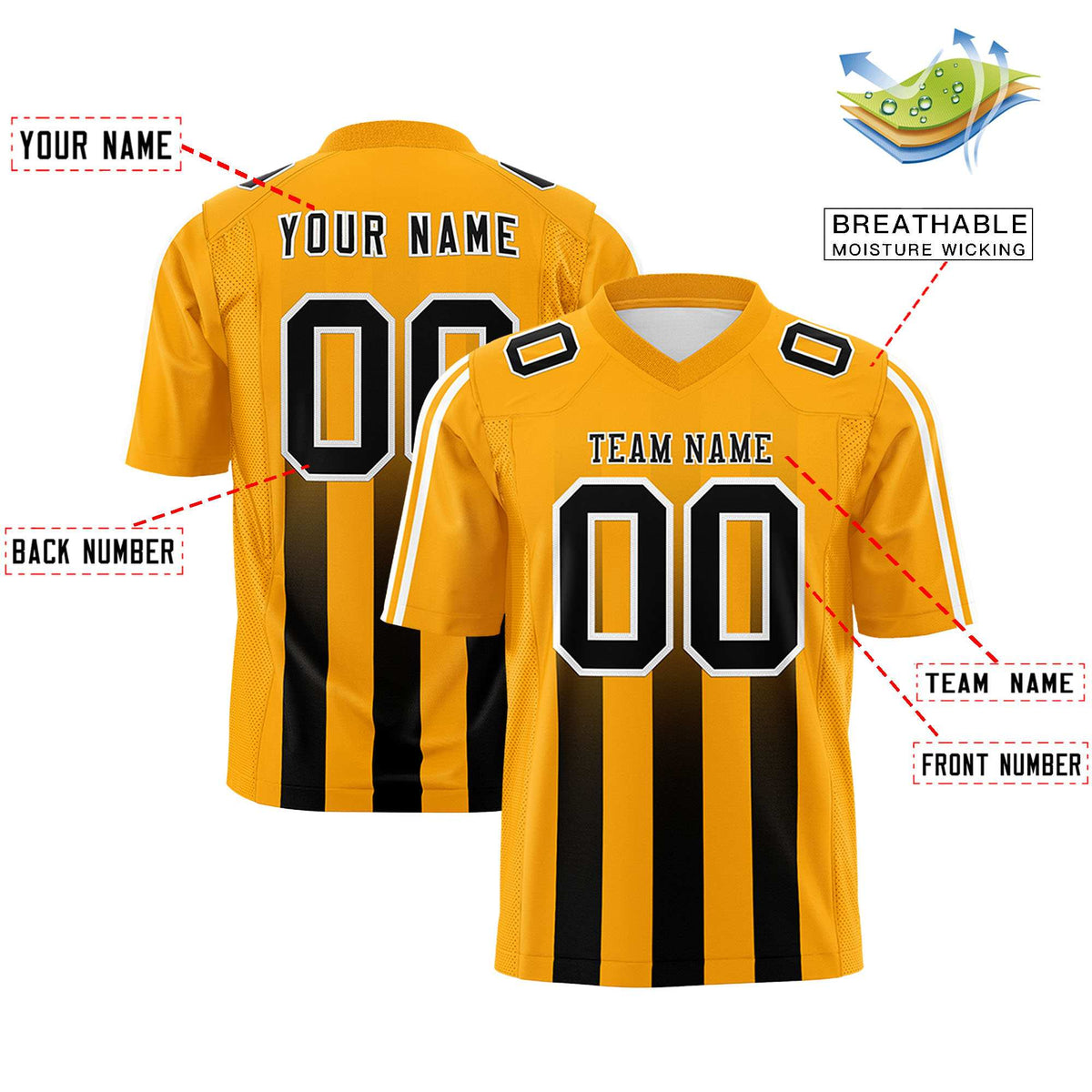Custom Yellow Black Vertical Fine Stripe Gradient Fashion Personalized Team American Football Jersey