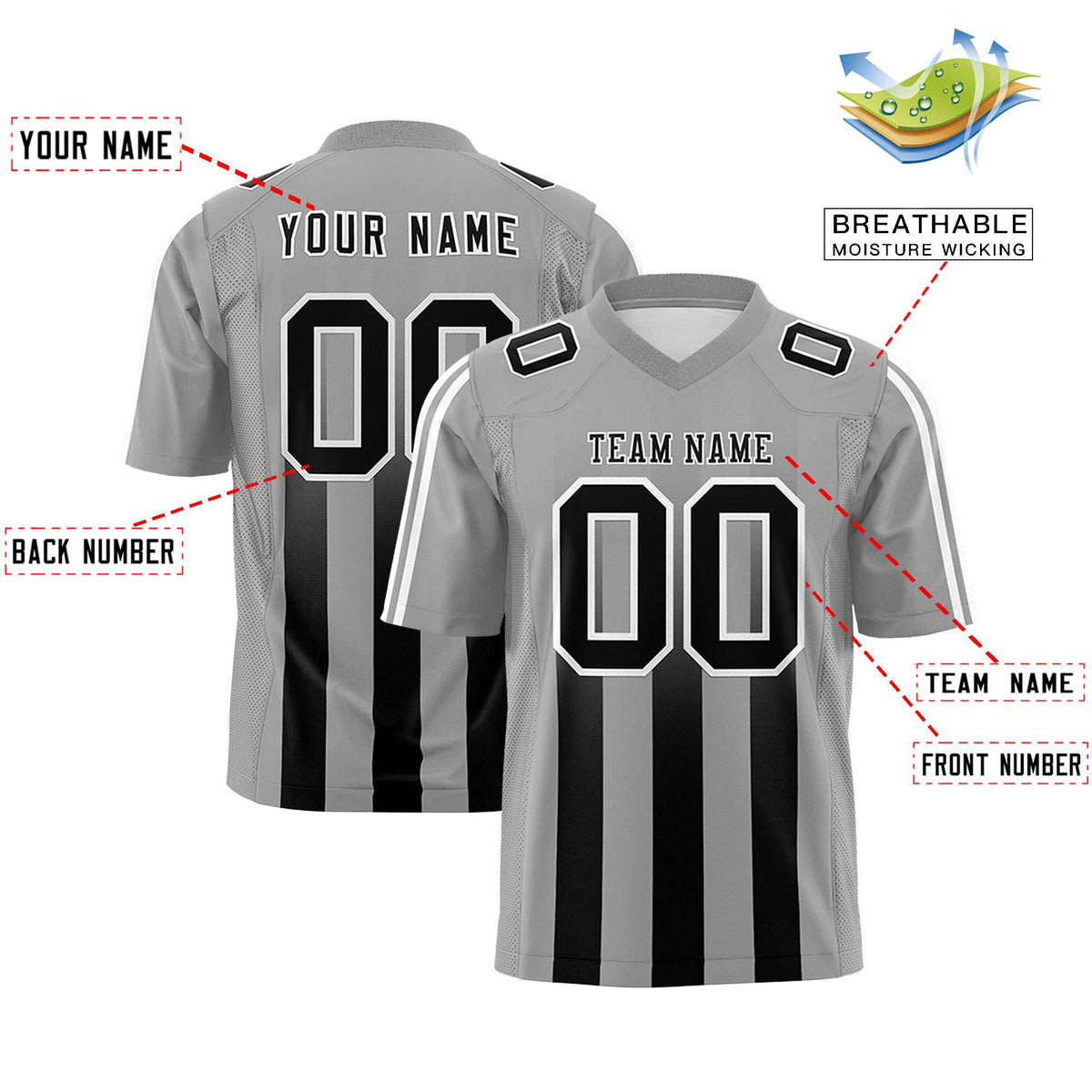 Custom Gray Black Vertical Fine Stripe Gradient Fashion Personalized Team American Football Jersey