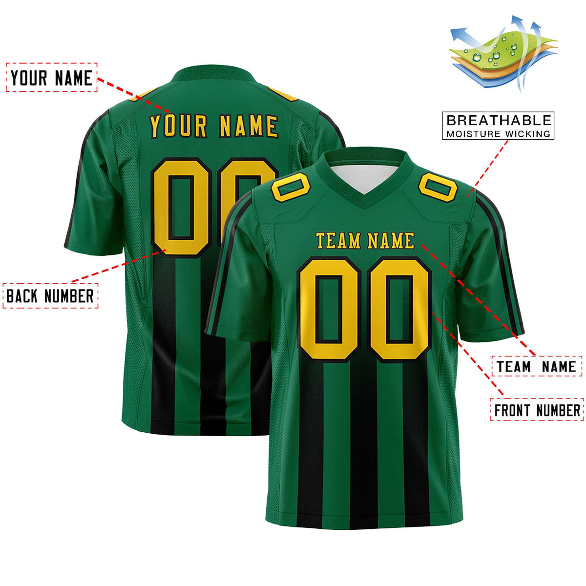 Custom Kelly Green Black Vertical Fine Stripe Gradient Fashion Personalized Team American Football Jersey