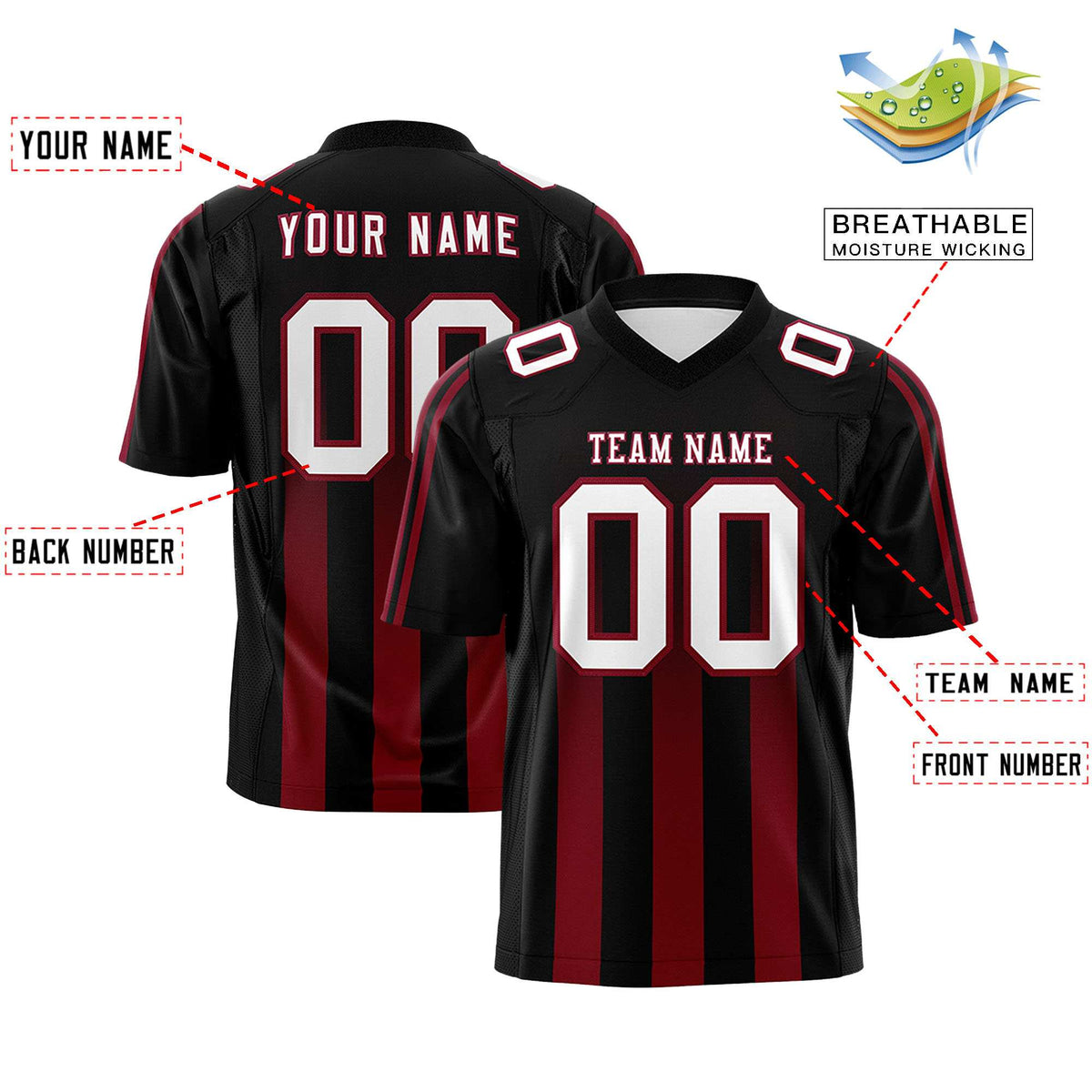 Custom Black Cardinal Vertical Fine Stripe Gradient Fashion Personalized Team American Football Jersey