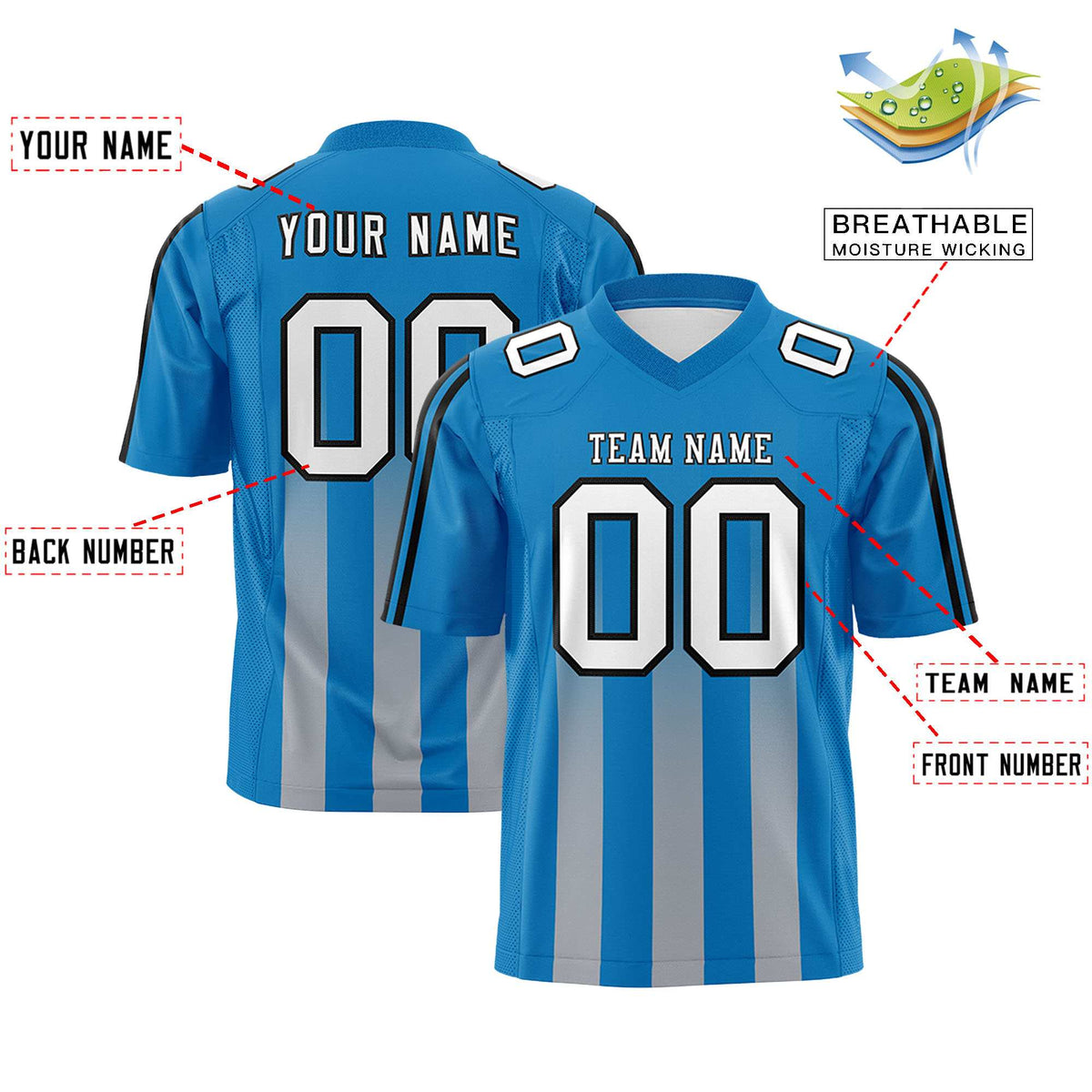 Custom Powder Blue Grey Vertical Fine Stripe Gradient Fashion Personalized Team American Football Jersey