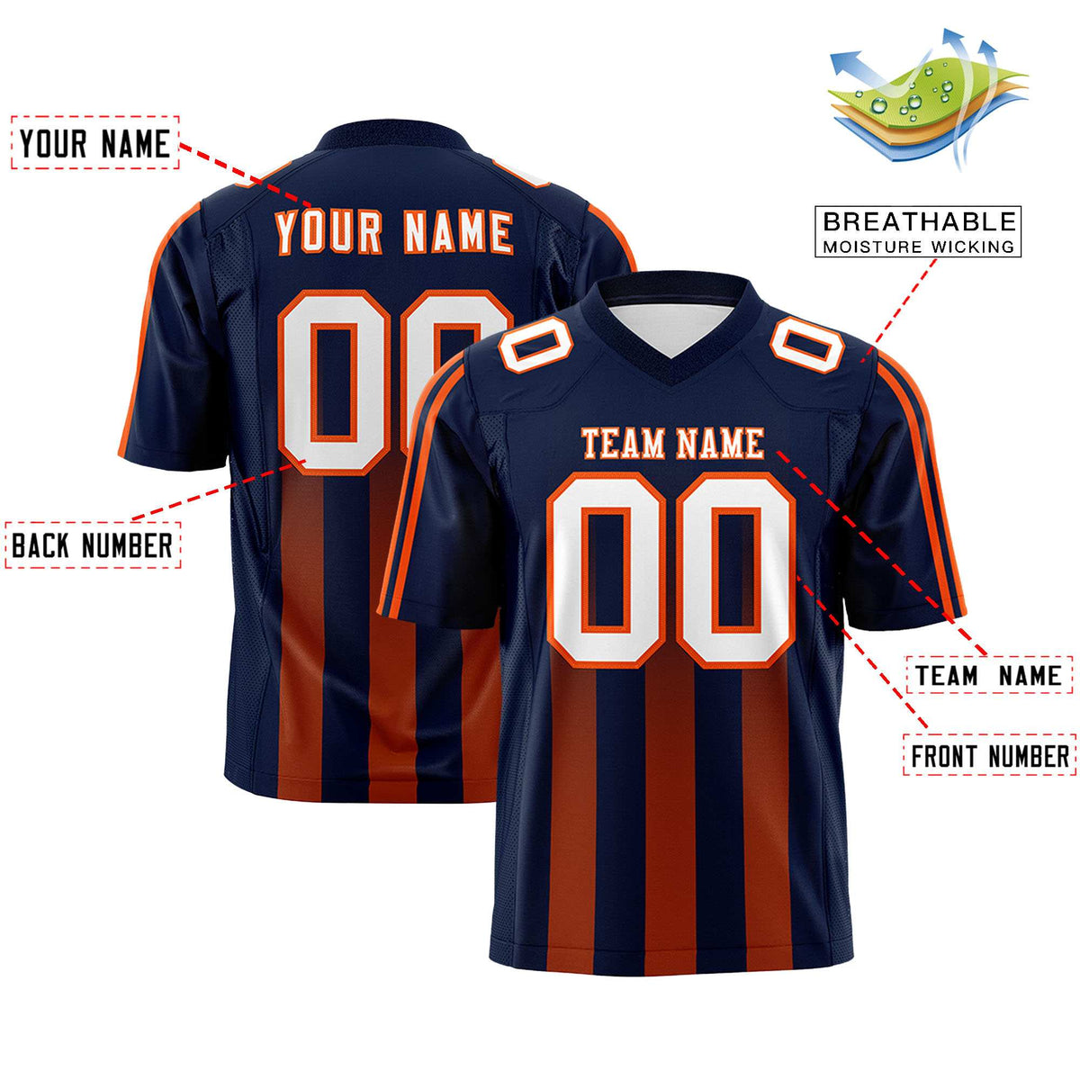 Custom Navy Orange Vertical Fine Stripe Gradient Fashion Personalized Team American Football Jersey