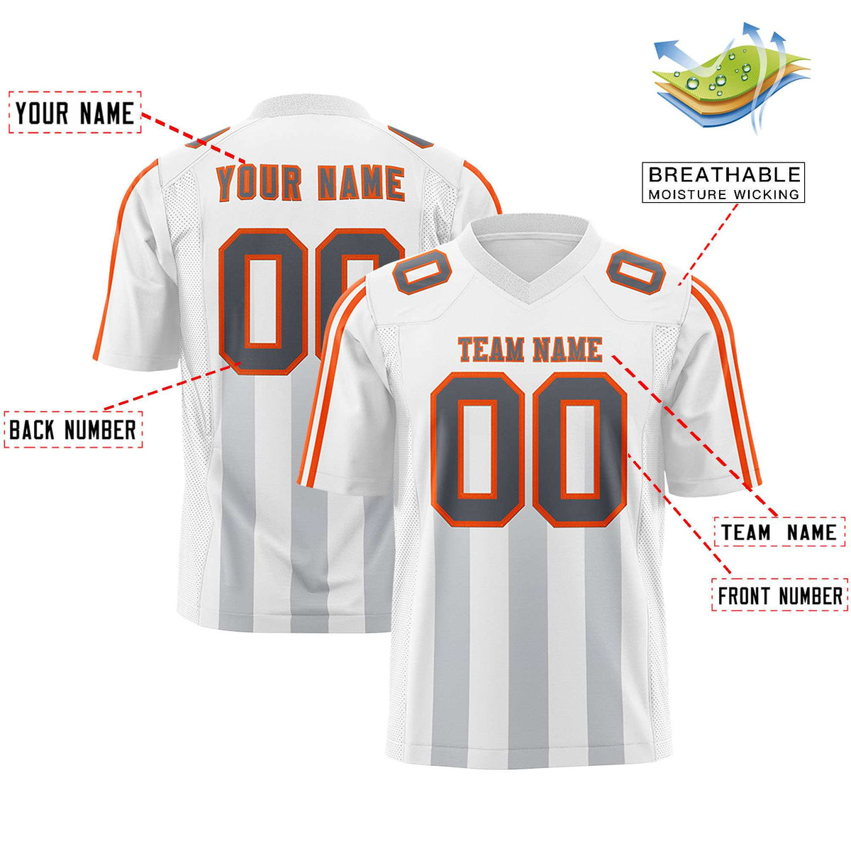 Custom White Gray Vertical Fine Stripe Gradient Fashion Personalized Team American Football Jersey