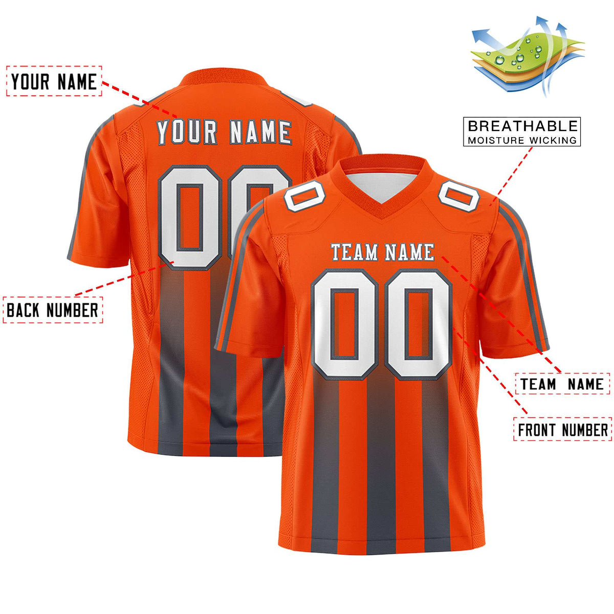 Custom Orange Dark Gray Vertical Fine Stripe Gradient Fashion Personalized Team American Football Jersey