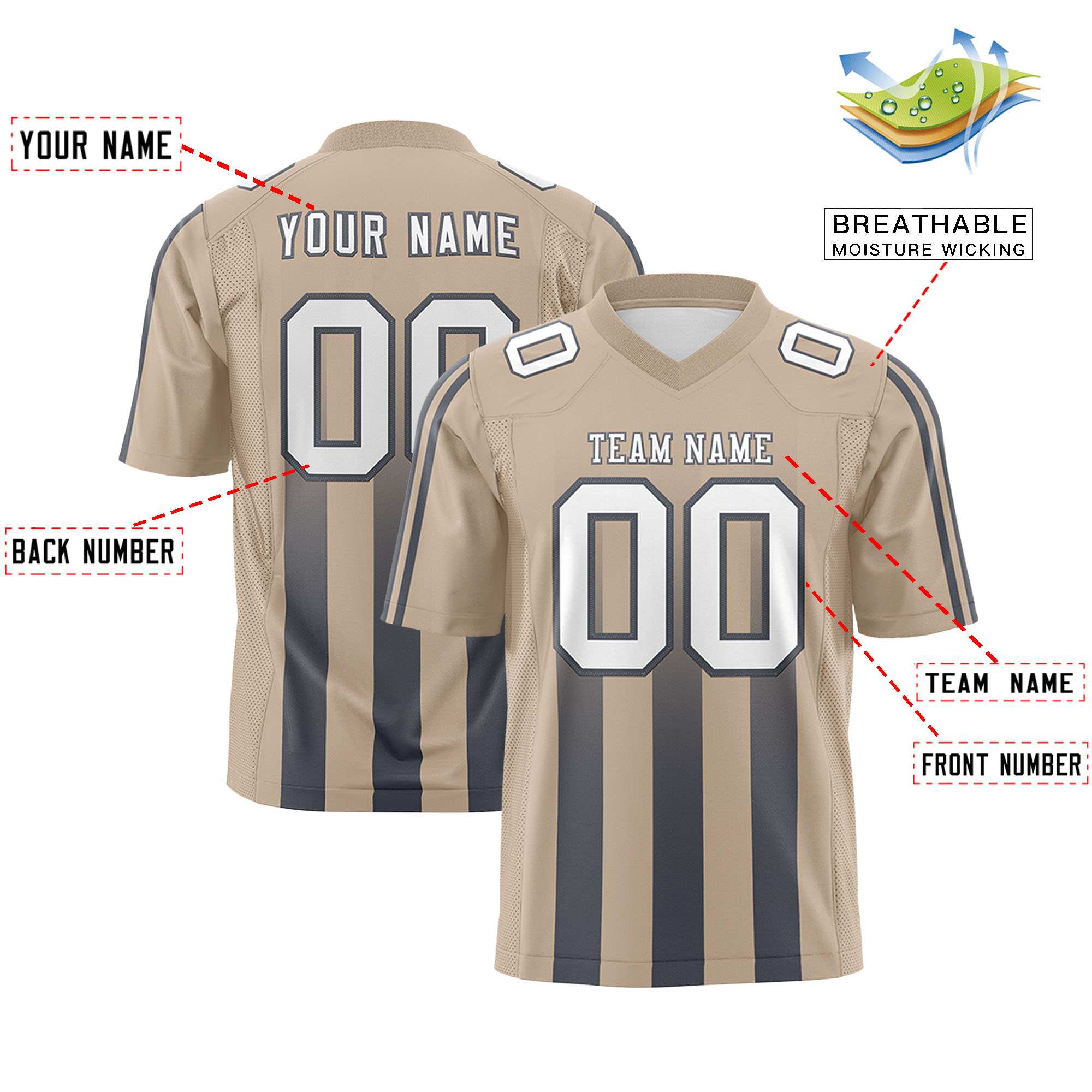 Custom Khaki Dark Gray Vertical Fine Stripe Gradient Fashion Personalized Team American Football Jersey