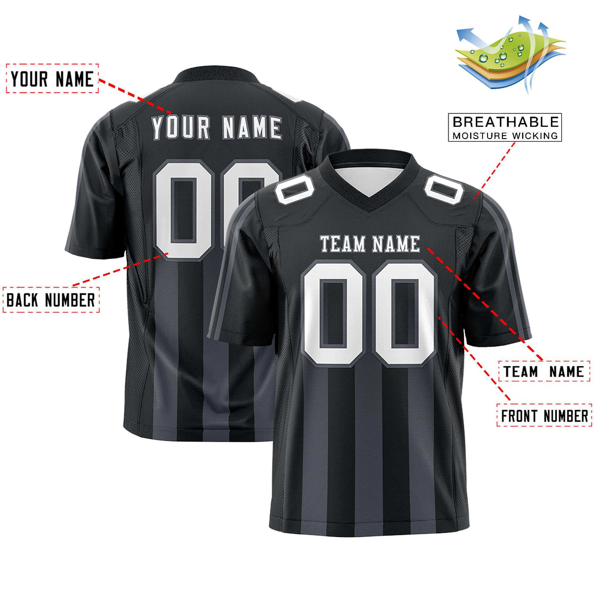 Custom Black Dark Gray Vertical Fine Stripe Gradient Fashion Personalized Team American Football Jersey
