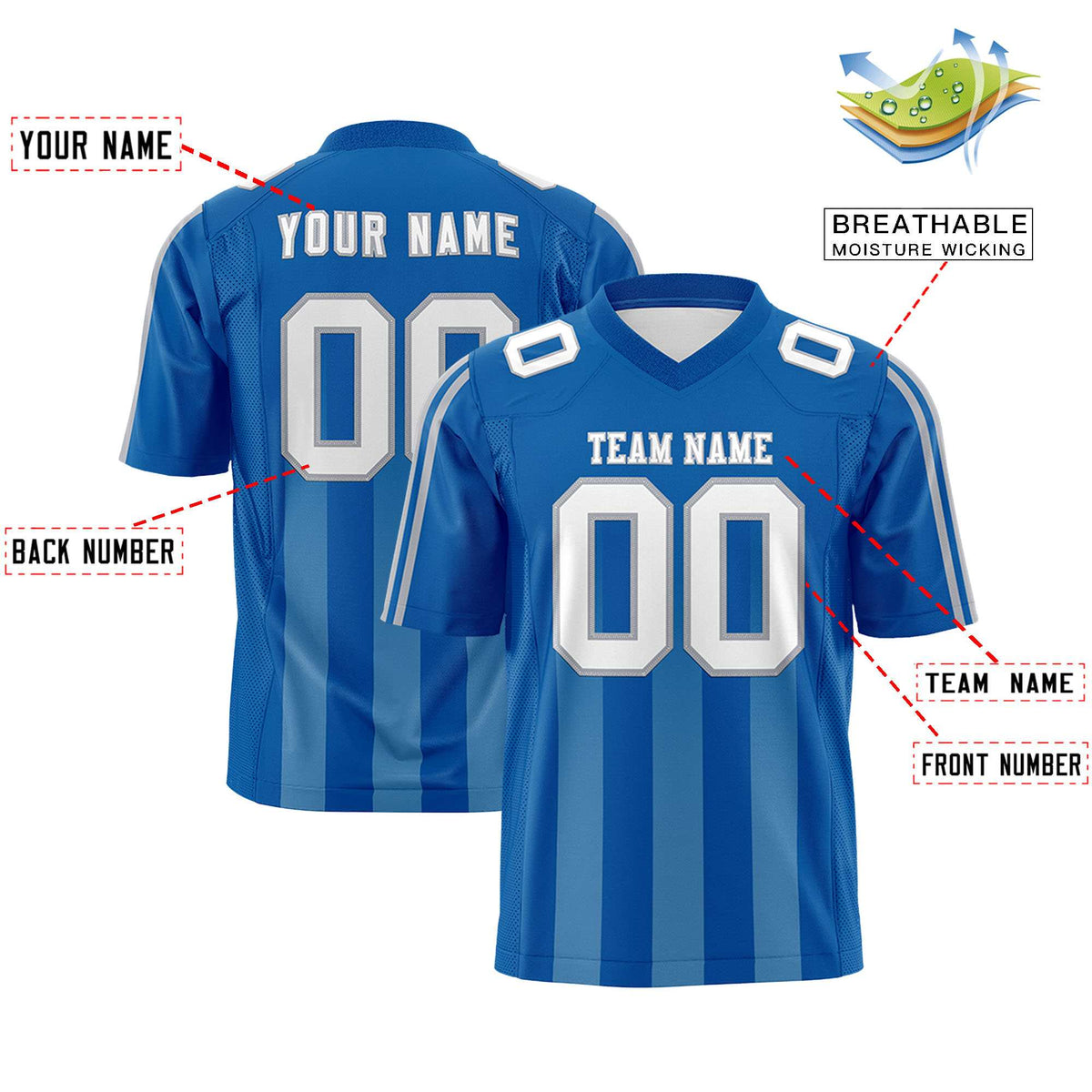Custom Royal Light Blue Vertical Fine Stripe Gradient Fashion Personalized Team American Football Jersey