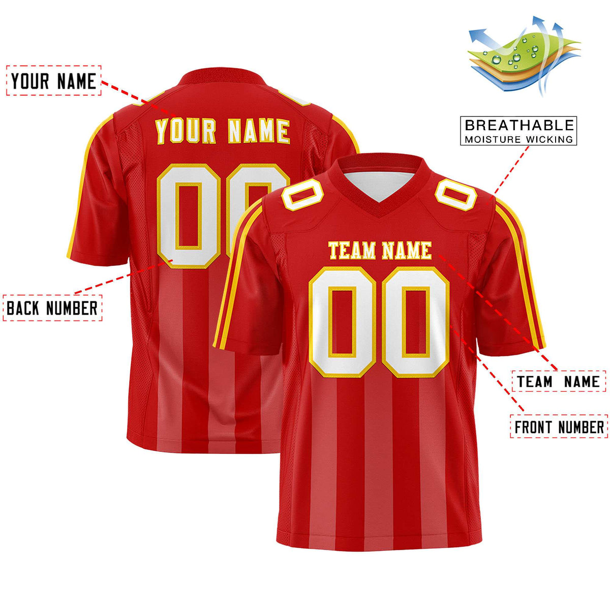Custom Red Light Red Vertical Fine Stripe Gradient Fashion Personalized Team American Football Jersey