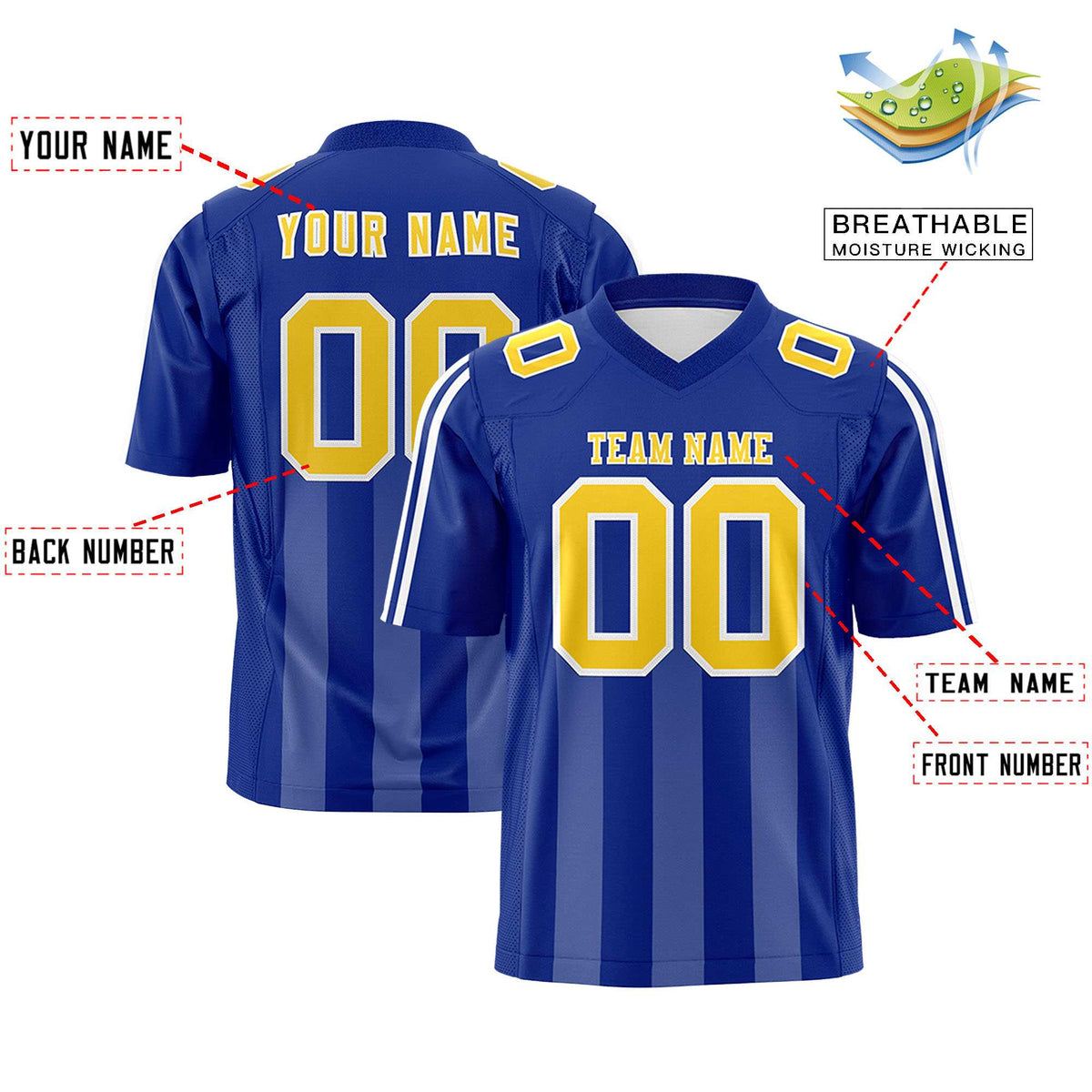 Custom Royal White Vertical Fine Stripe Gradient Fashion Personalized Team American Football Jersey