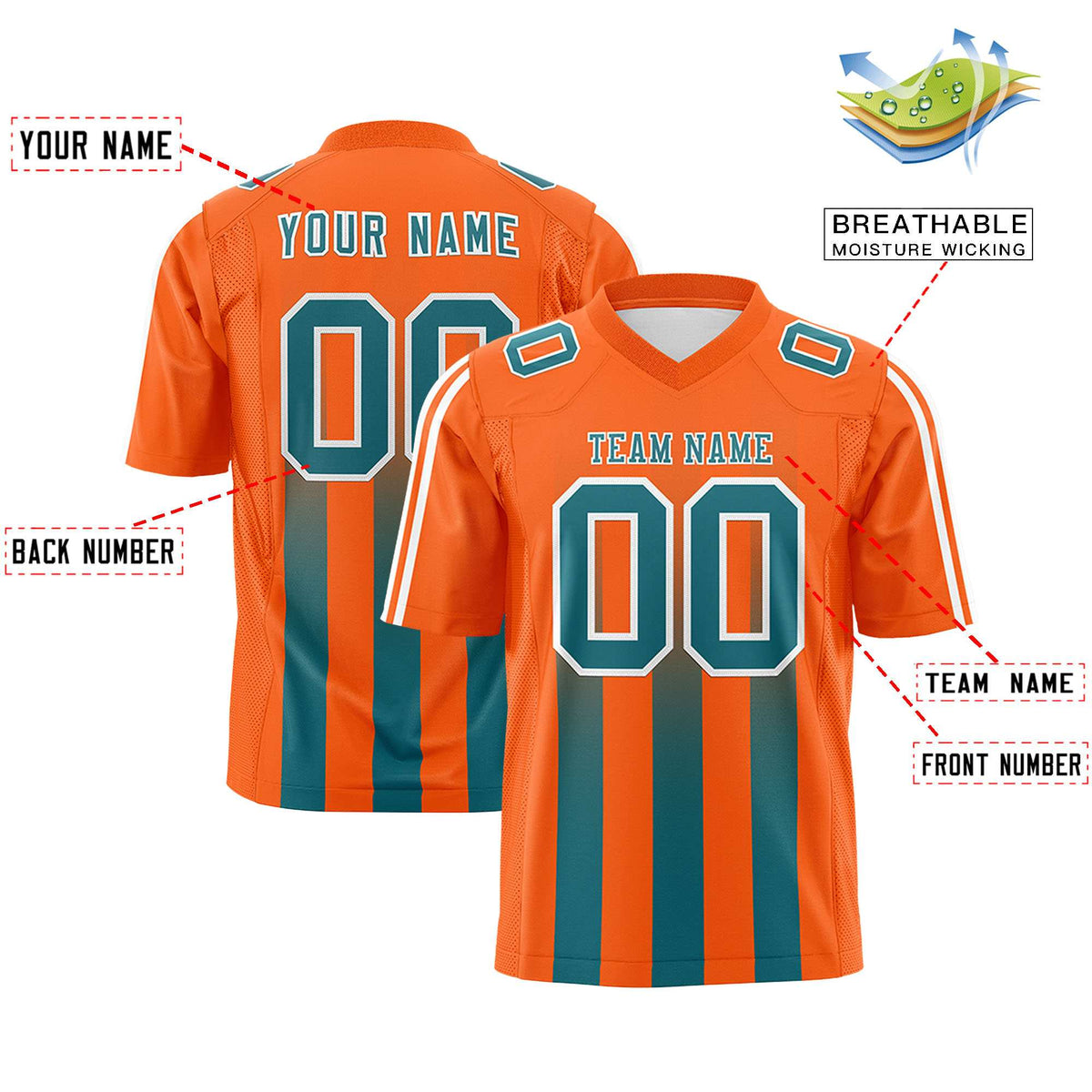 Custom Orange Aqua Vertical Fine Stripe Gradient Fashion Personalized Team American Football Jersey