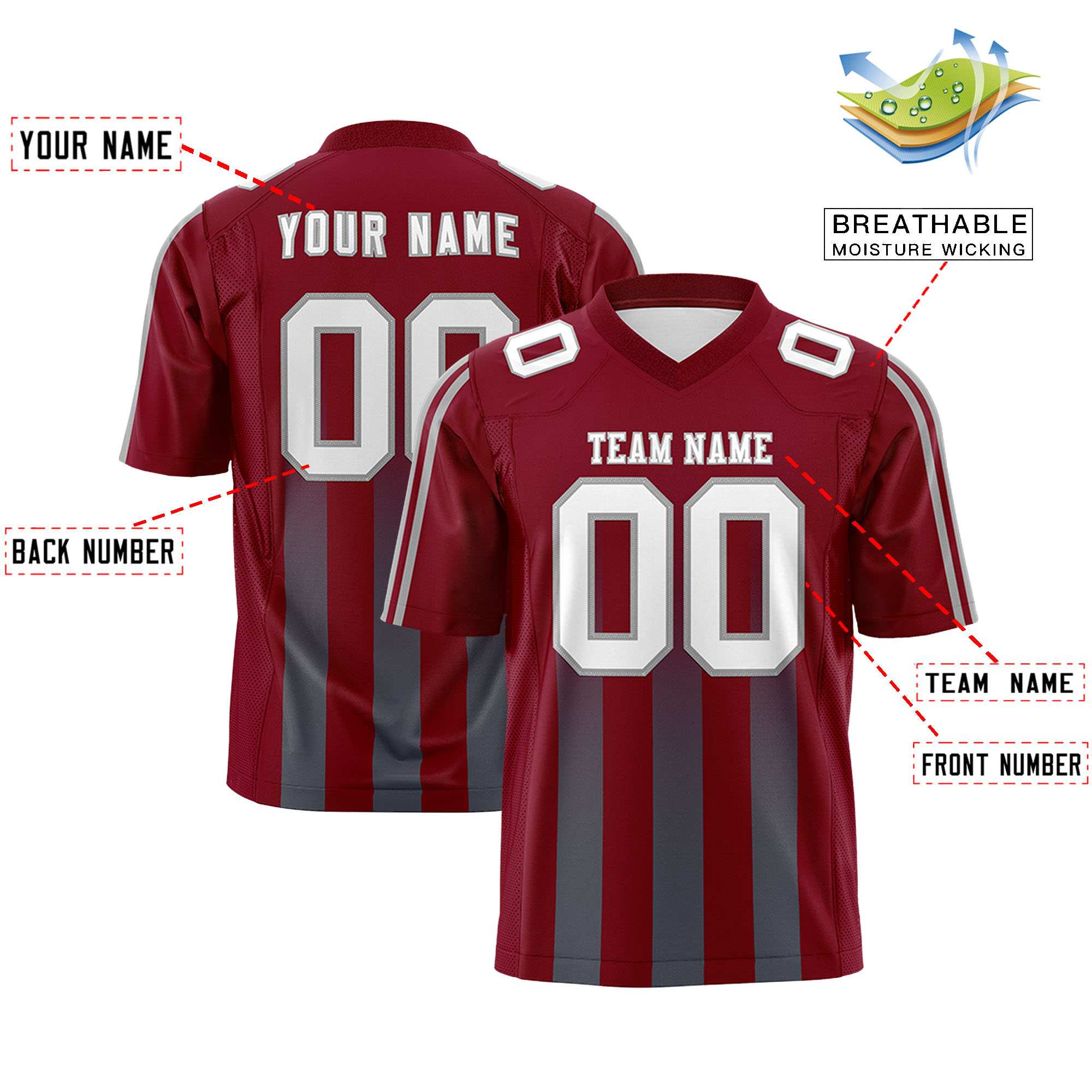 Custom Cardinal Dark Gray Vertical Fine Stripe Gradient Fashion Personalized Team American Football Jersey