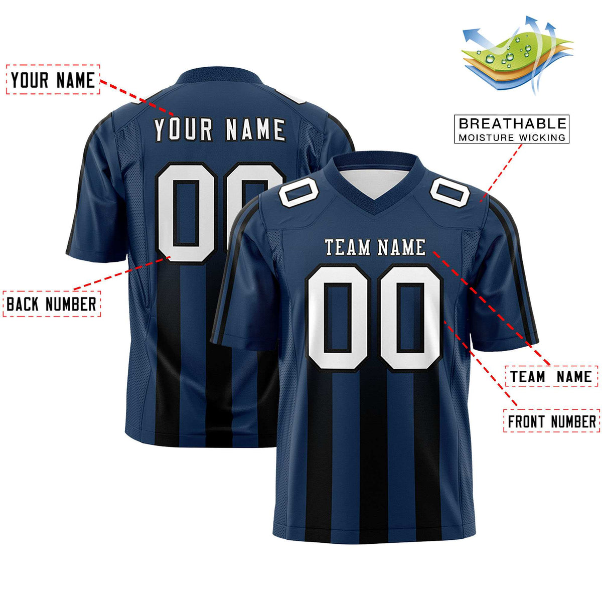 Custom Navy Black Vertical Fine Stripe Gradient Fashion Personalized Team American Football Jersey