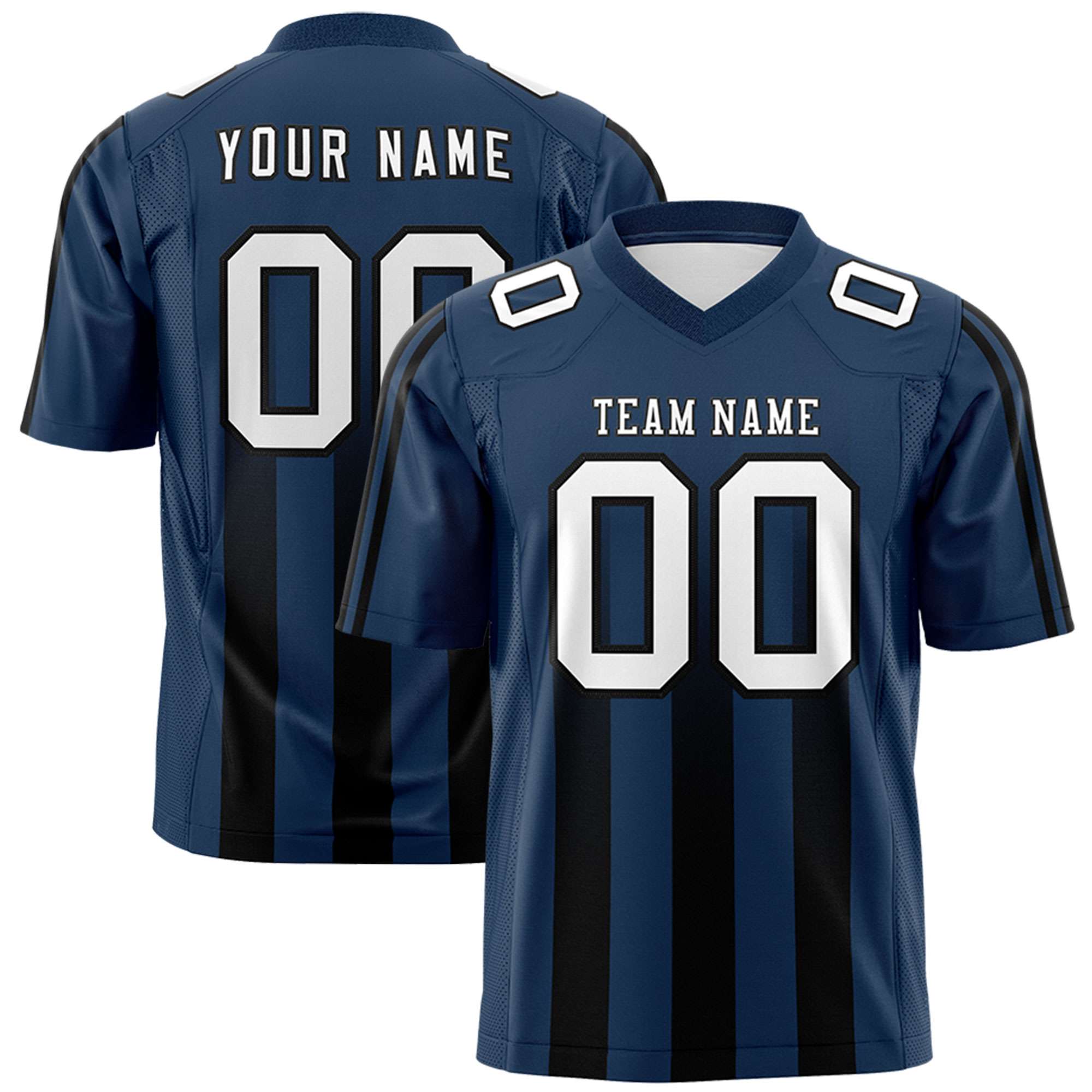 Custom Navy Black Vertical Fine Stripe Gradient Fashion Personalized Team American Football Jersey