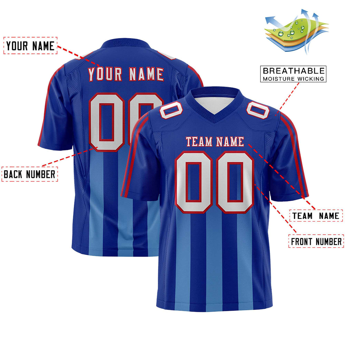 Custom Royal Powder Blue Vertical Fine Stripe Gradient Fashion Personalized Team American Football Jersey