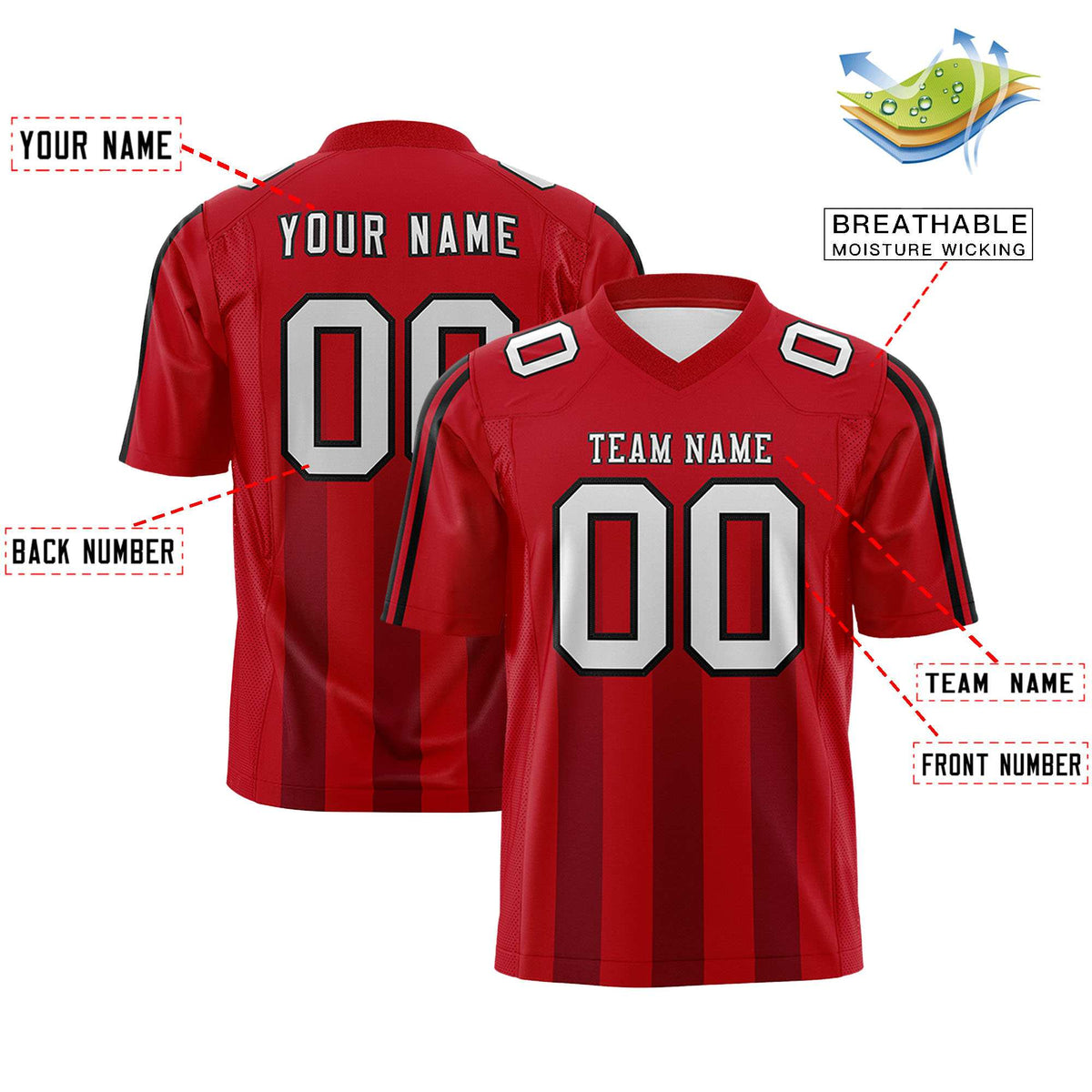 Custom Red Black Vertical Fine Stripe Gradient Fashion Personalized Team American Football Jersey