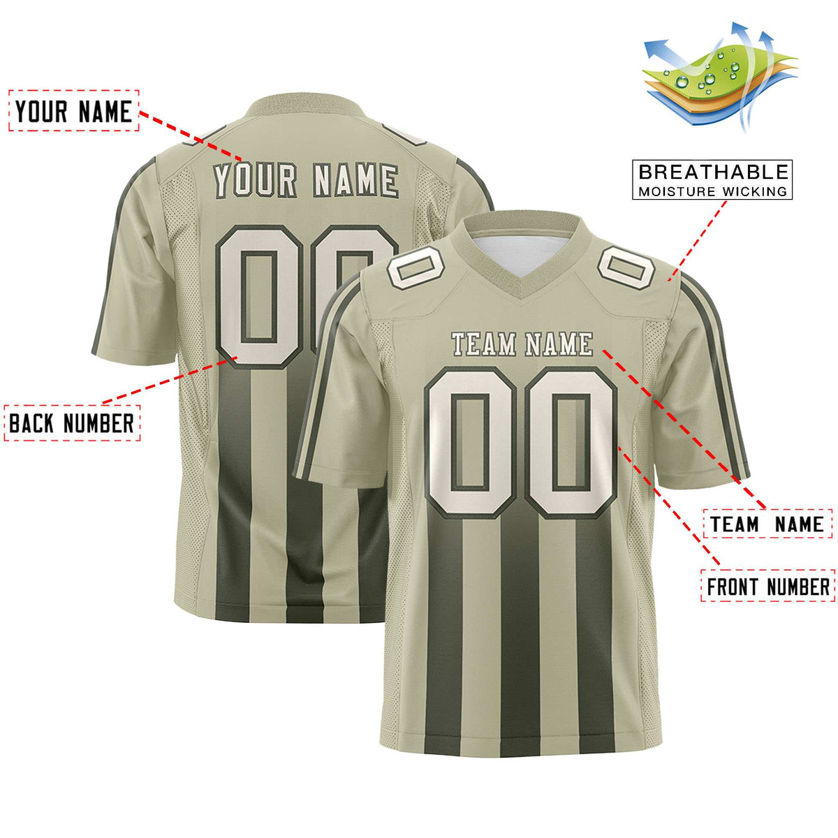 Custom Camel Olive Vertical Fine Stripe Gradient Fashion Personalized Team American Football Jersey