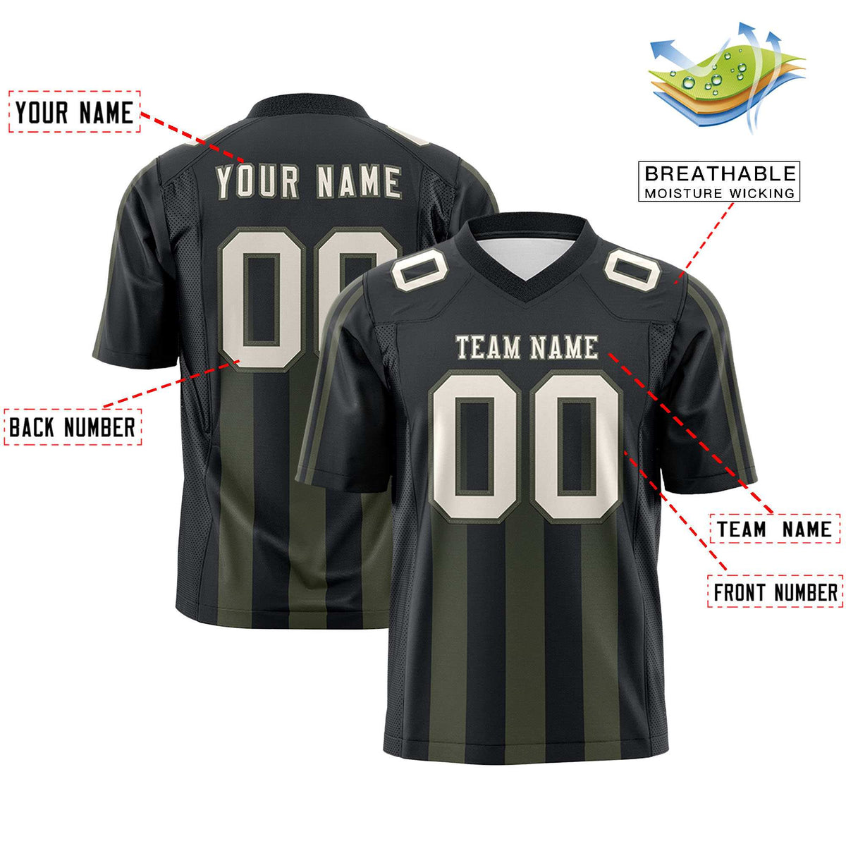 Custom Black Olive Vertical Fine Stripe Gradient Fashion Personalized Team American Football Jersey