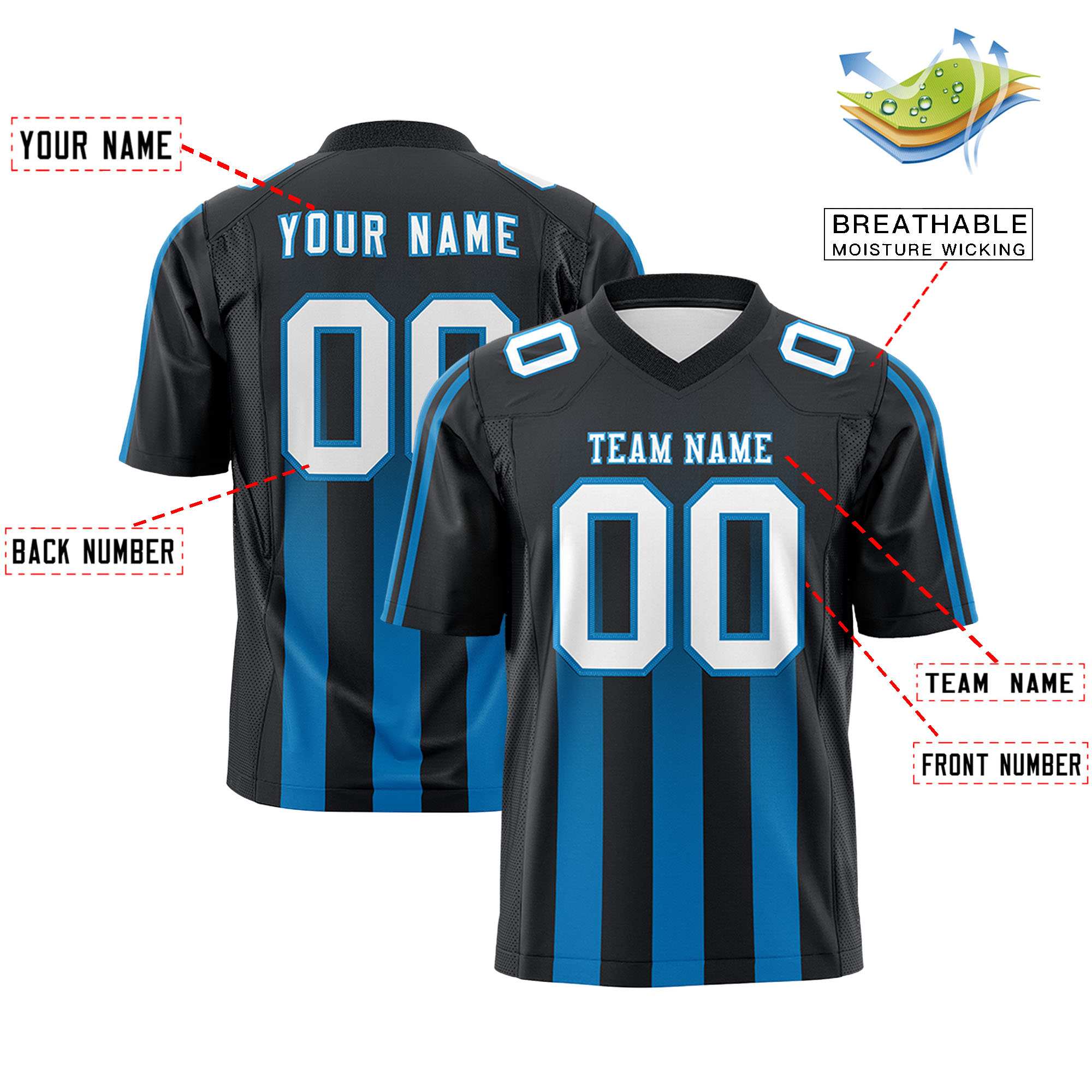 Custom Black Light Blue Vertical Fine Stripe Gradient Fashion Personalized Team American Football Jersey