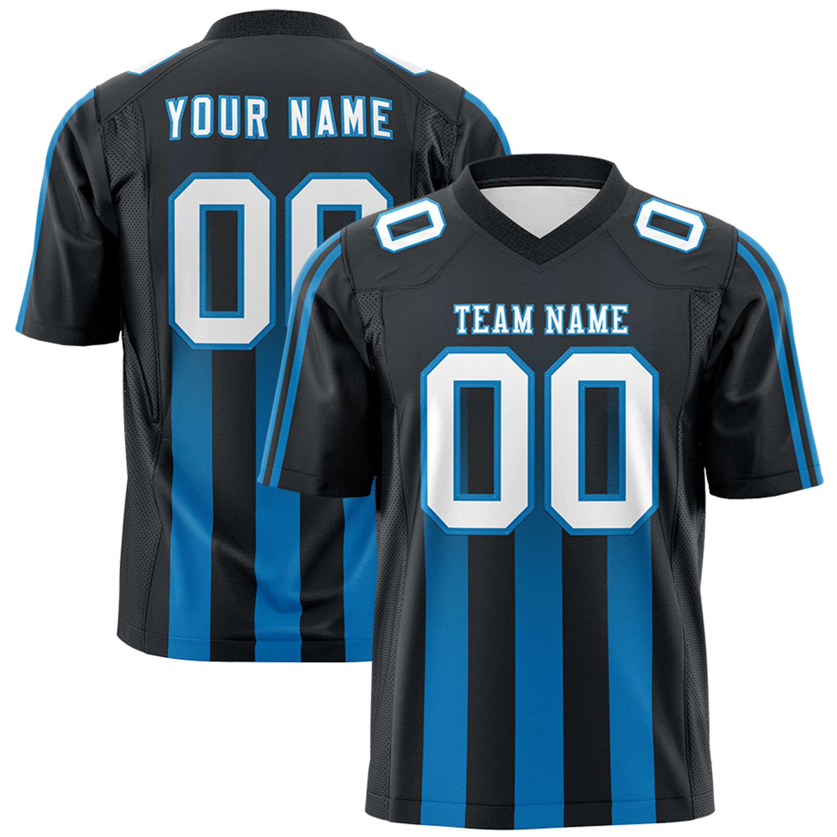 Custom Black Light Blue Vertical Fine Stripe Gradient Fashion Personalized Team American Football Jersey