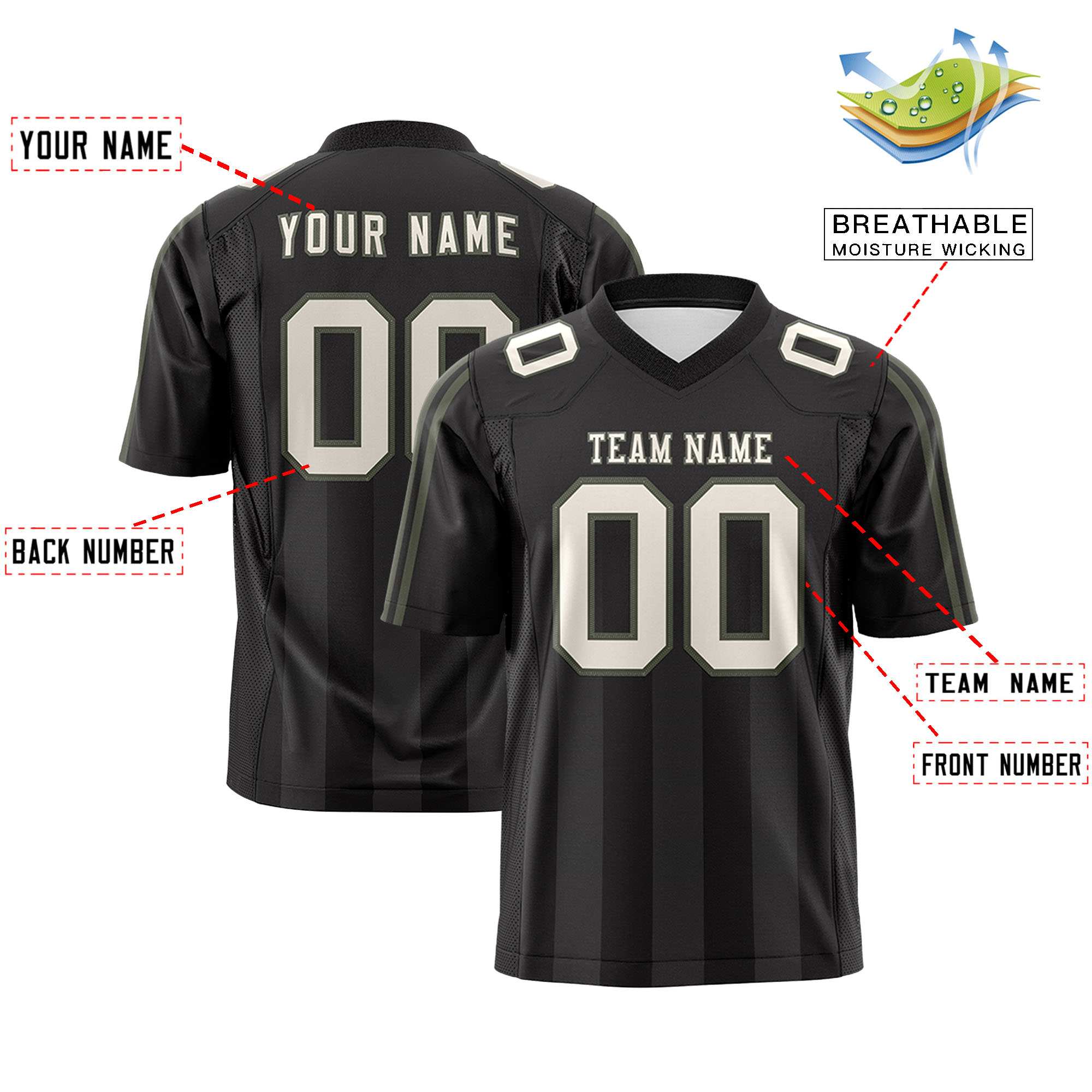 Custom Black Gray Vertical Fine Stripe Gradient Fashion Personalized Team American Football Jersey