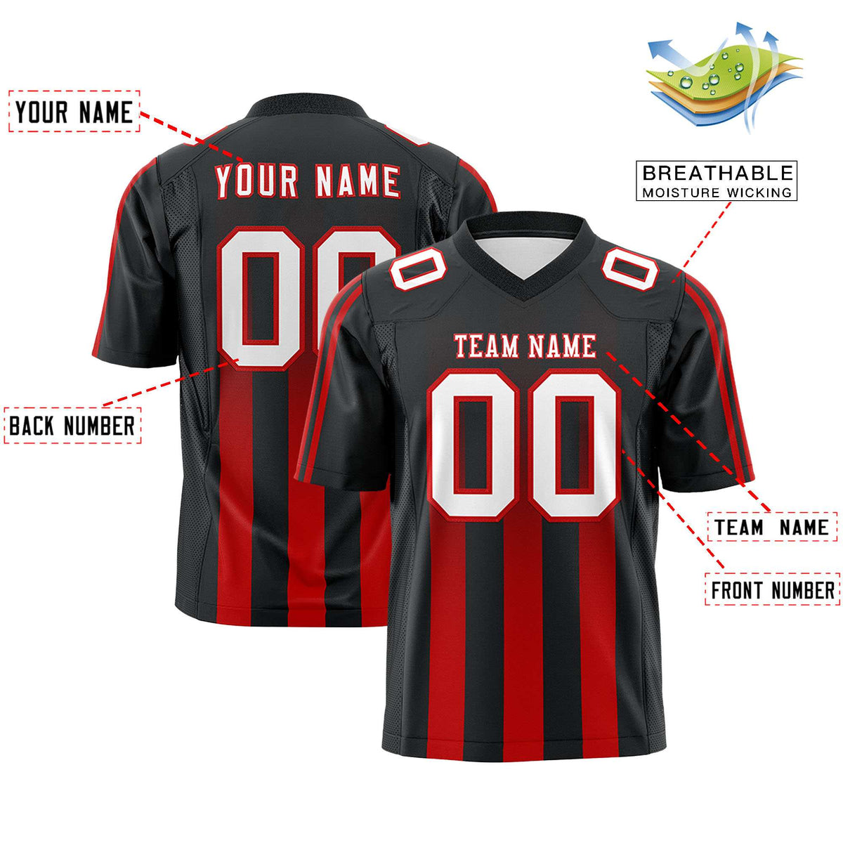 Custom Black Red Vertical Fine Stripe Gradient Fashion Personalized Team American Football Jersey