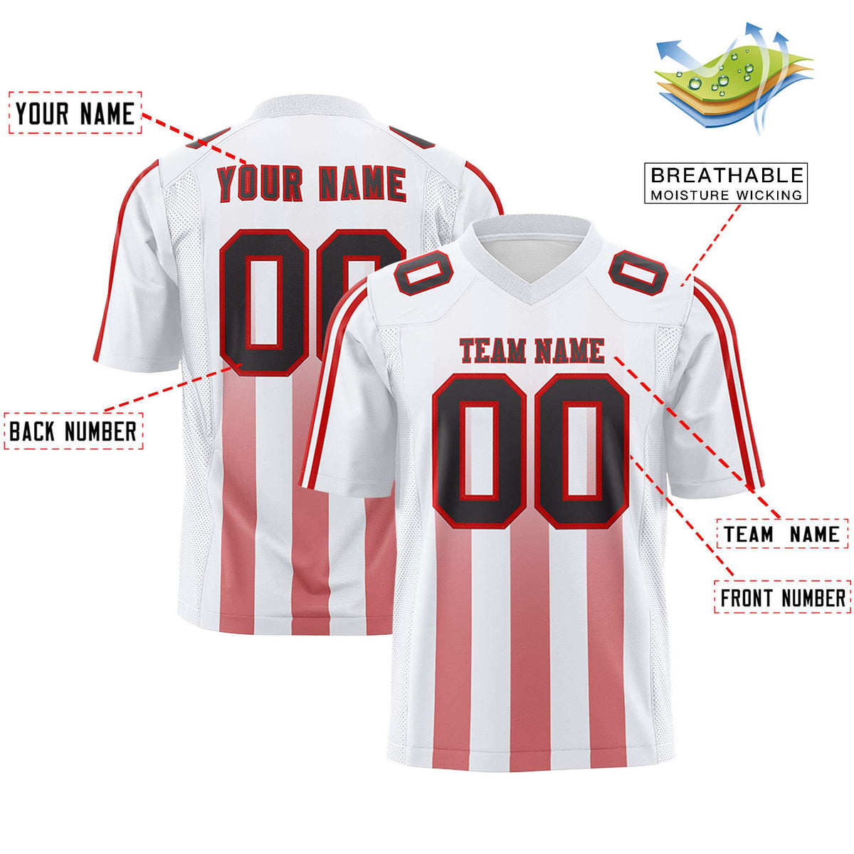 Custom White Red Vertical Fine Stripe Gradient Fashion Personalized Team American Football Jersey