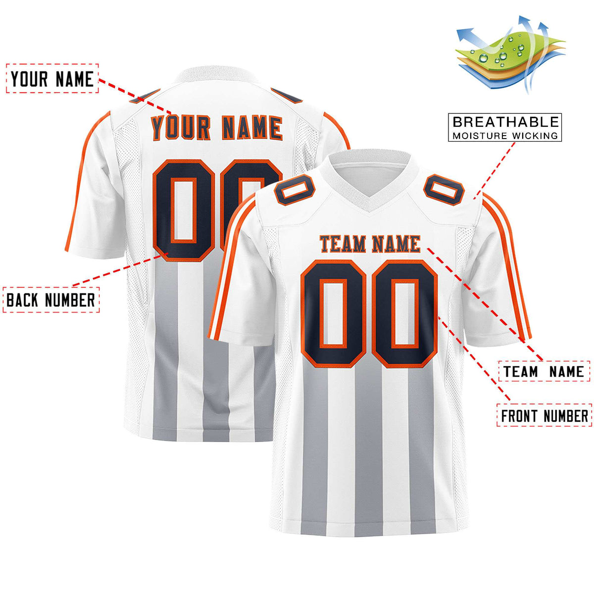 Custom White Gray Vertical Fine Stripe Gradient Fashion Personalized Team American Football Jersey