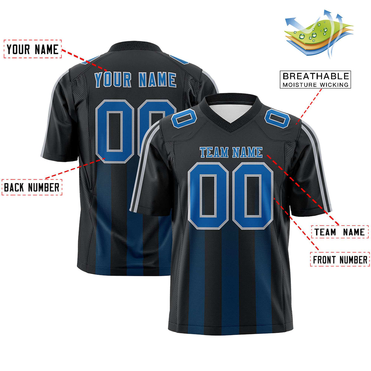 Custom Black Royal Vertical Fine Stripe Gradient Fashion Personalized Team American Football Jersey