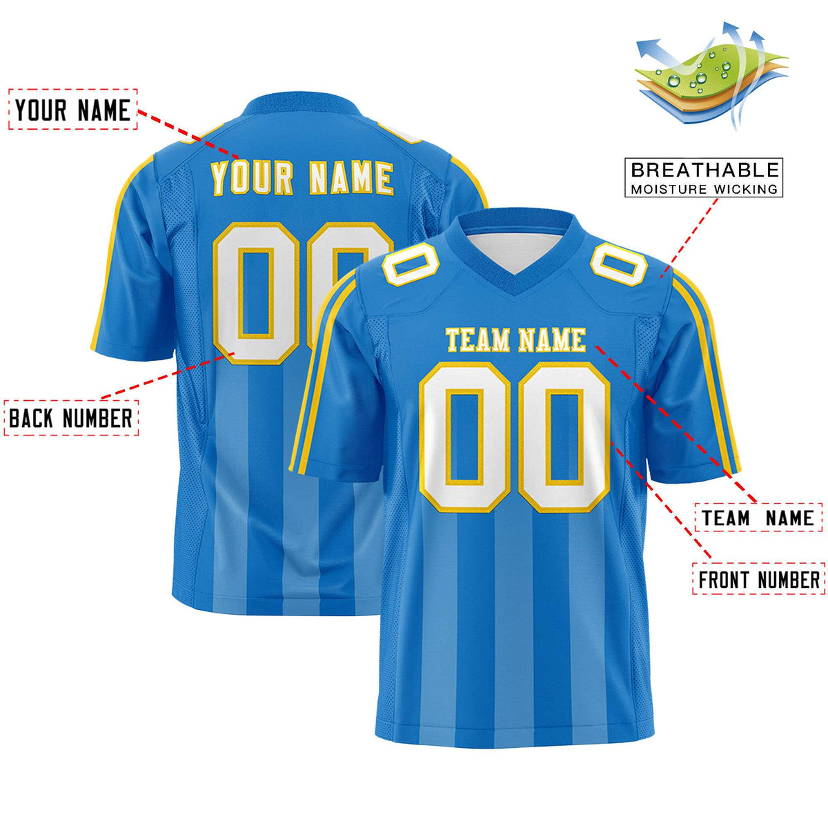 Custom Powder Blue White Vertical Fine Stripe Gradient Fashion Personalized Team American Football Jersey