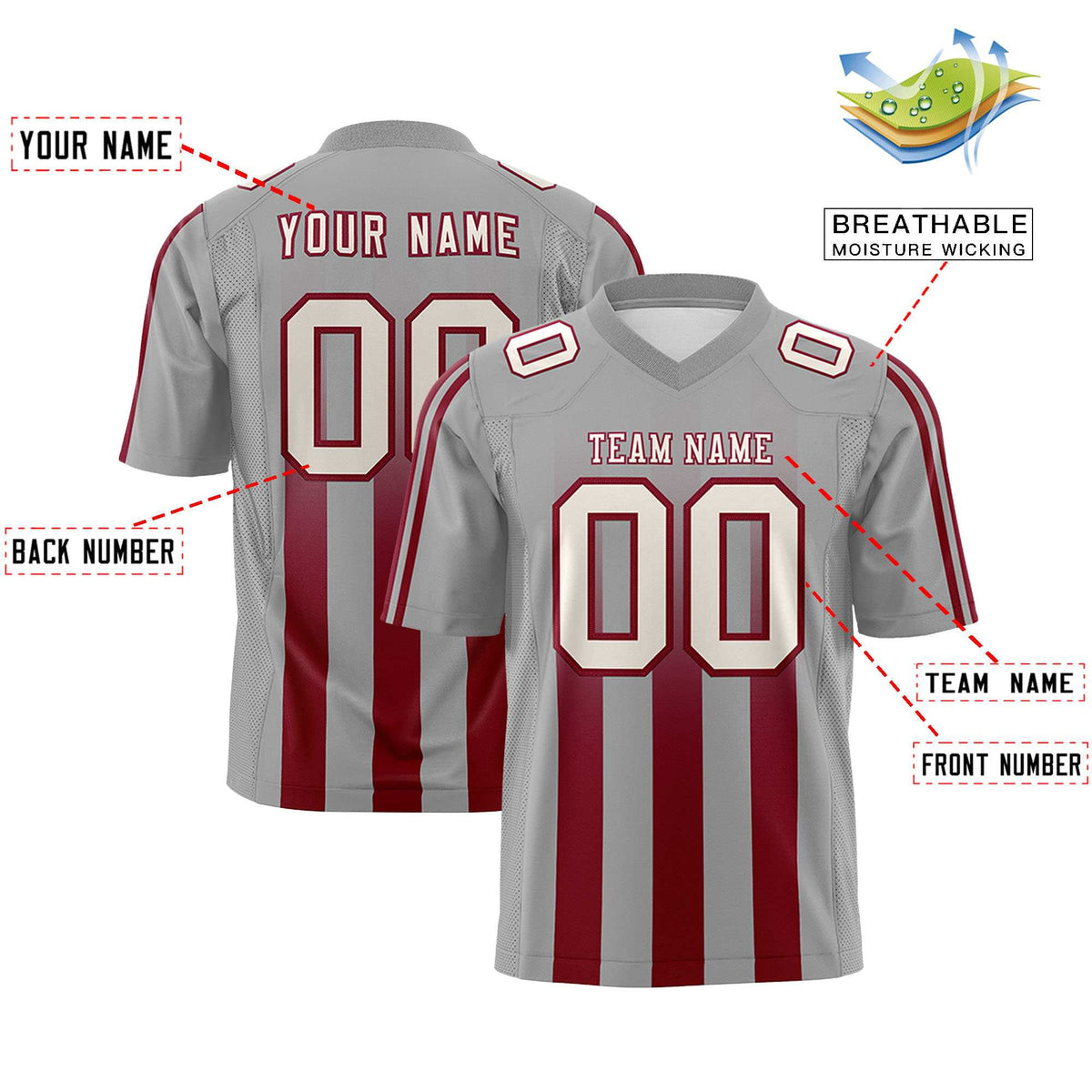 Custom Gray Cardinal Vertical Fine Stripe Gradient Fashion Personalized Team American Football Jersey