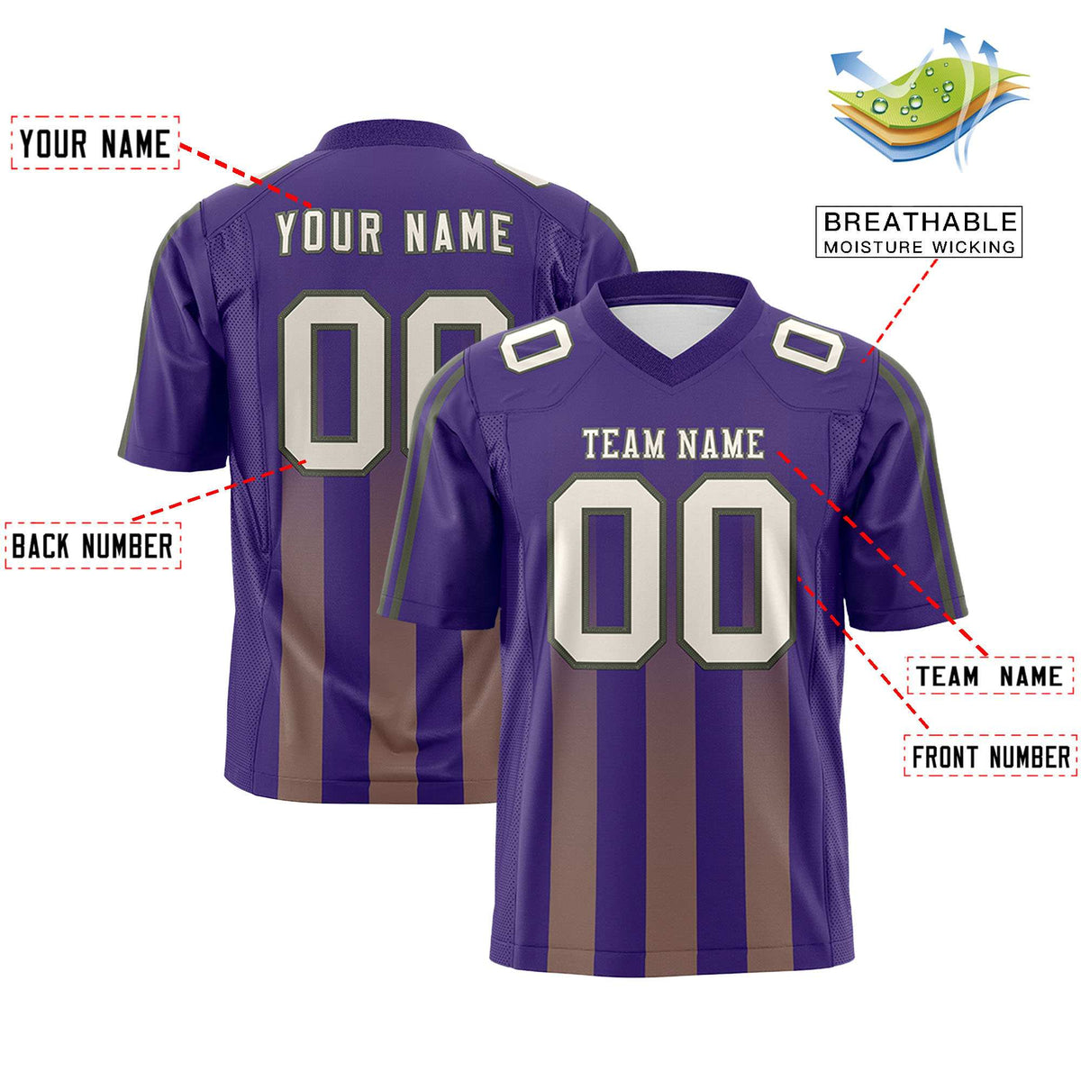 Custom Purple Khaki Vertical Fine Stripe Gradient Fashion Personalized Team American Football Jersey