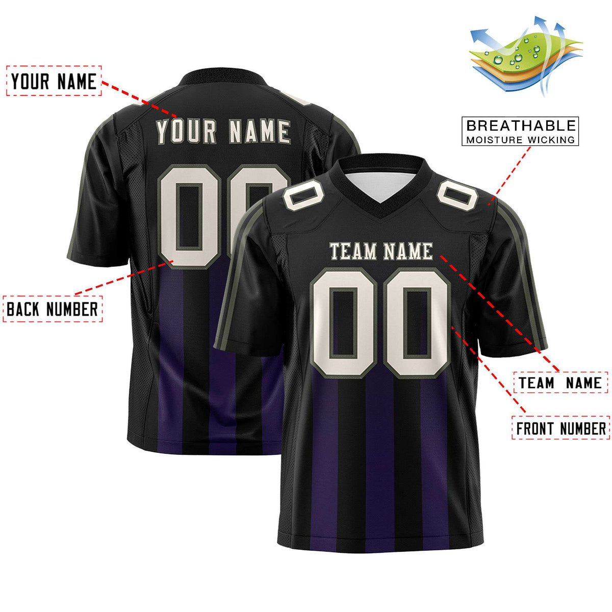 Custom Black Purple Vertical Fine Stripe Gradient Fashion Personalized Team American Football Jersey