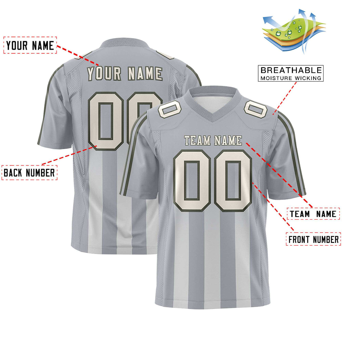 Custom Grey Gray Vertical Fine Stripe Gradient Fashion Personalized Team American Football Jersey