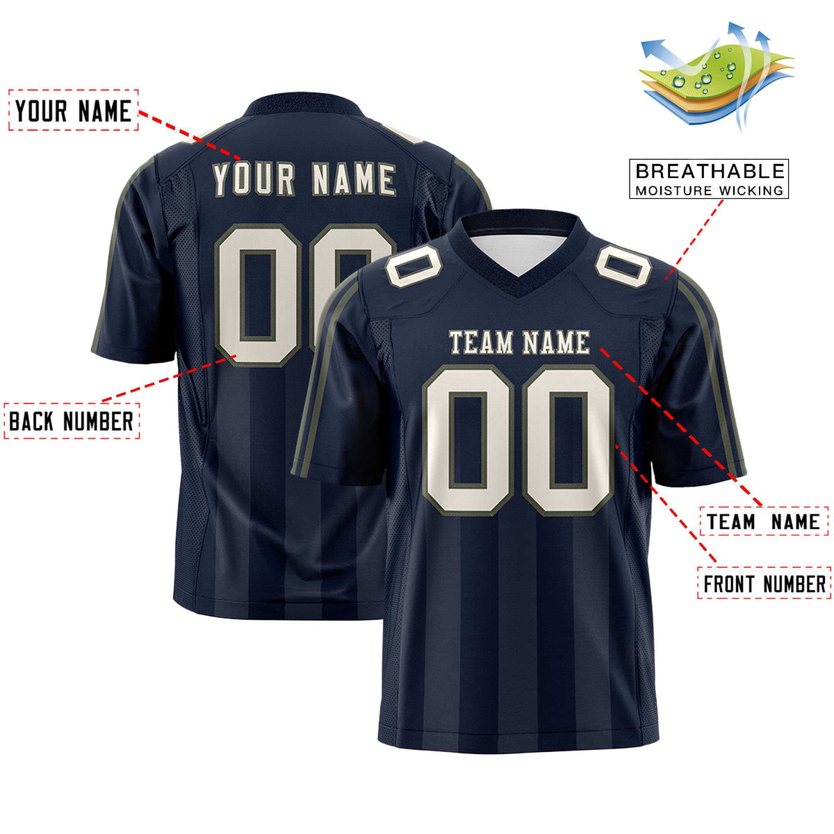 Custom Navy Gray Vertical Fine Stripe Gradient Fashion Personalized Team American Football Jersey