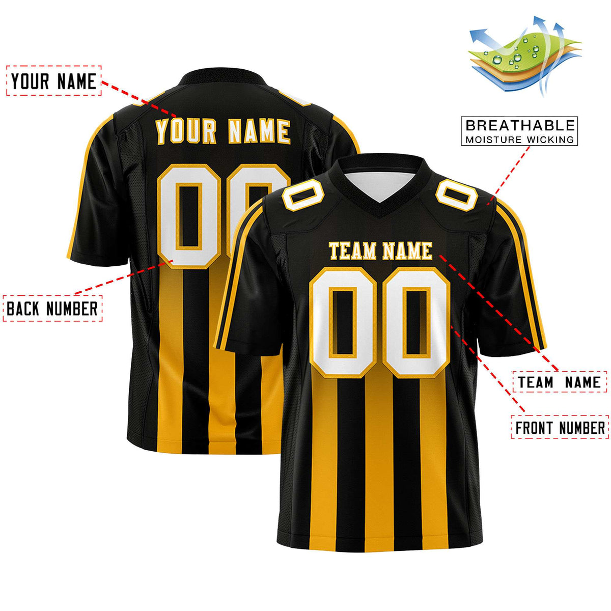 Custom Black Yellow Vertical Fine Stripe Gradient Fashion Personalized Team American Football Jersey
