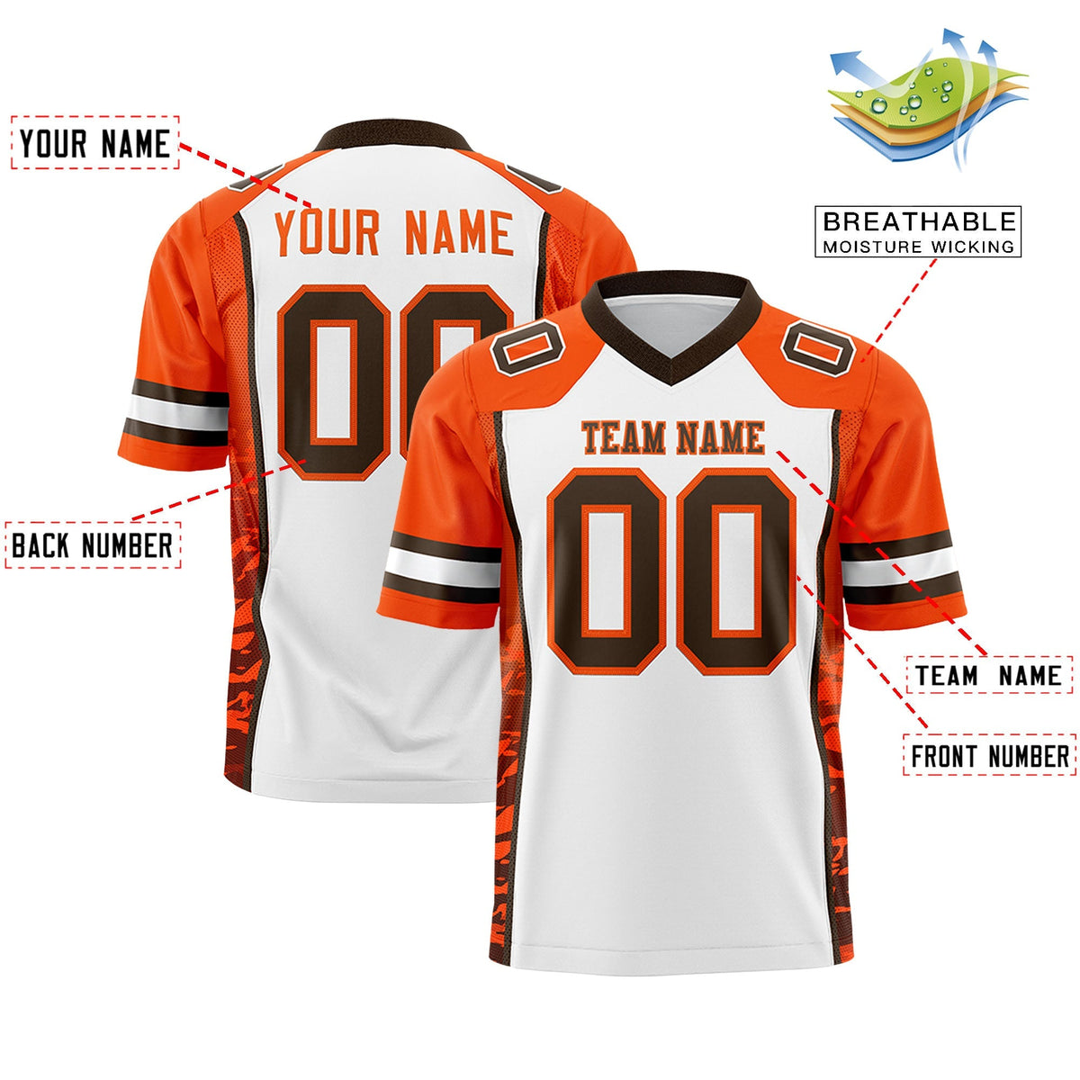 Custom White Orange-Brown Raglan Sleeves Personalized Side Pattern Authentic Football Jersey