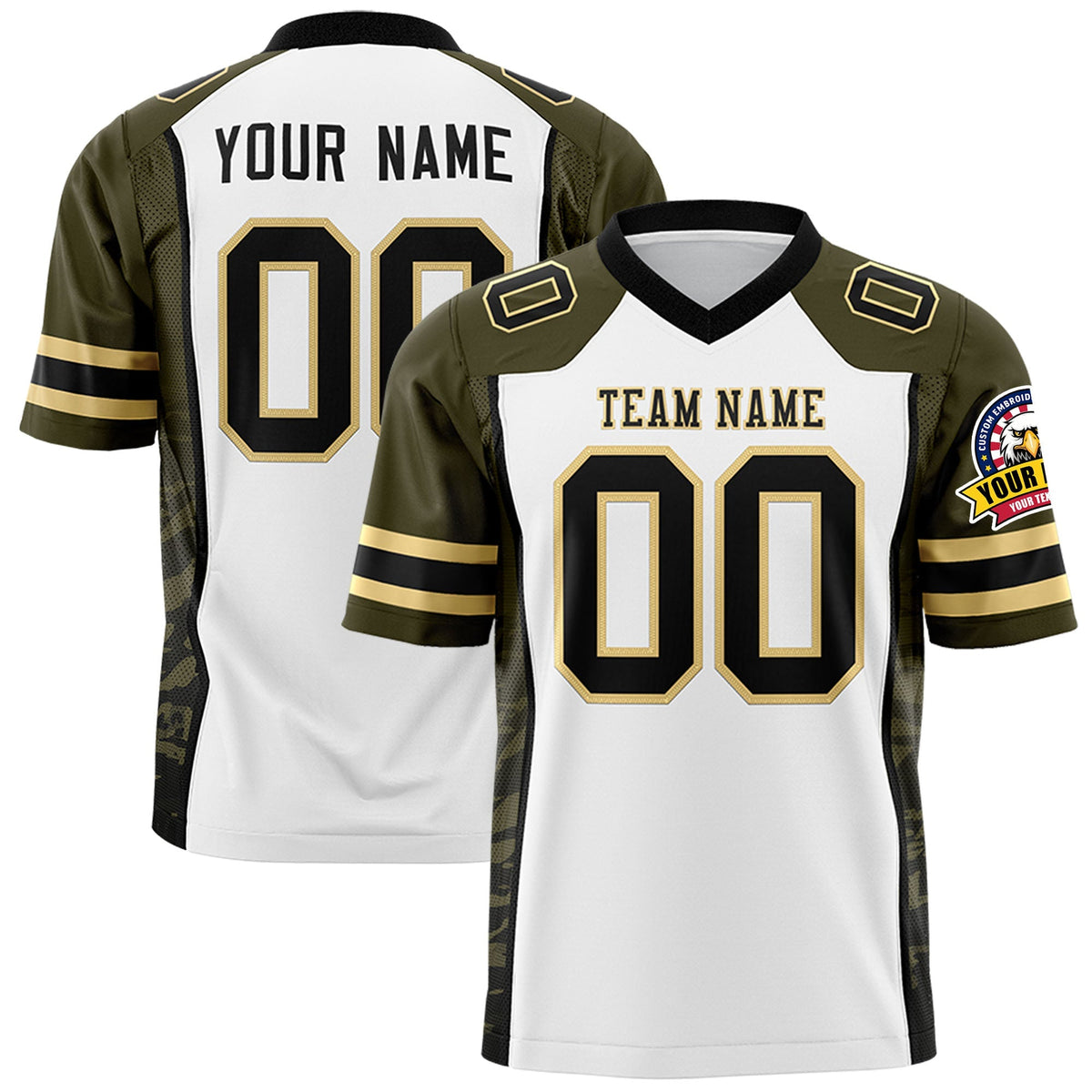 Custom White Olive-Black Raglan Sleeves Personalized Side Pattern Authentic Football Jersey