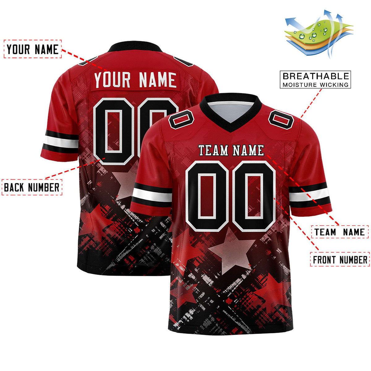 Custom Red Black Personalized Star Gradient Authentic American Football Jersey
