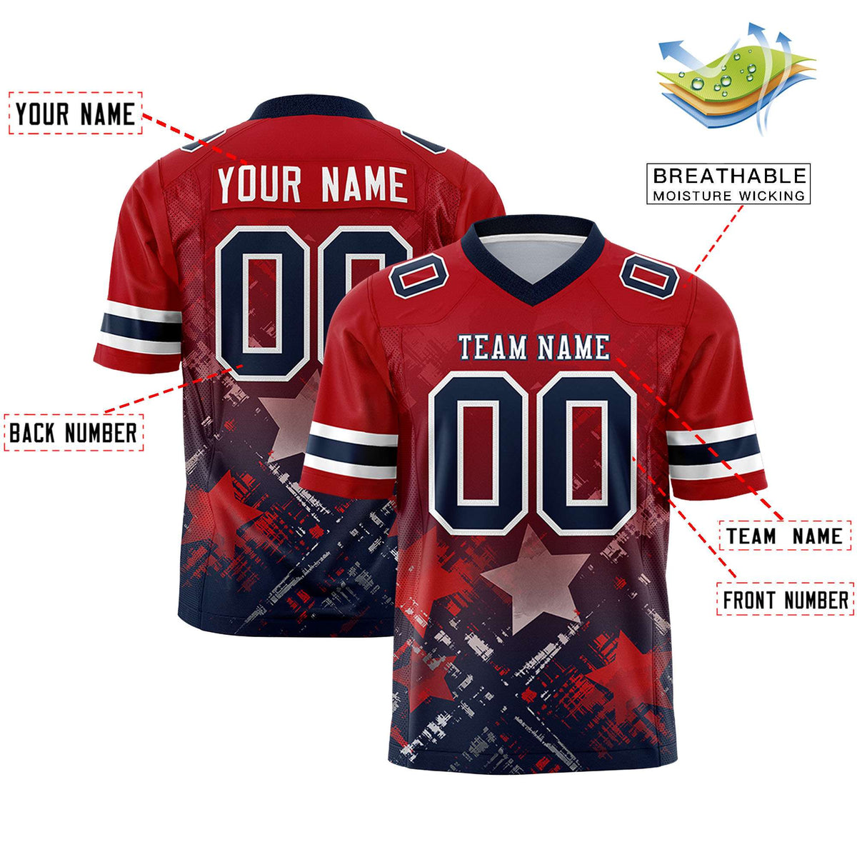 Custom Red Navy Personalized Star Gradient Authentic American Football Jersey