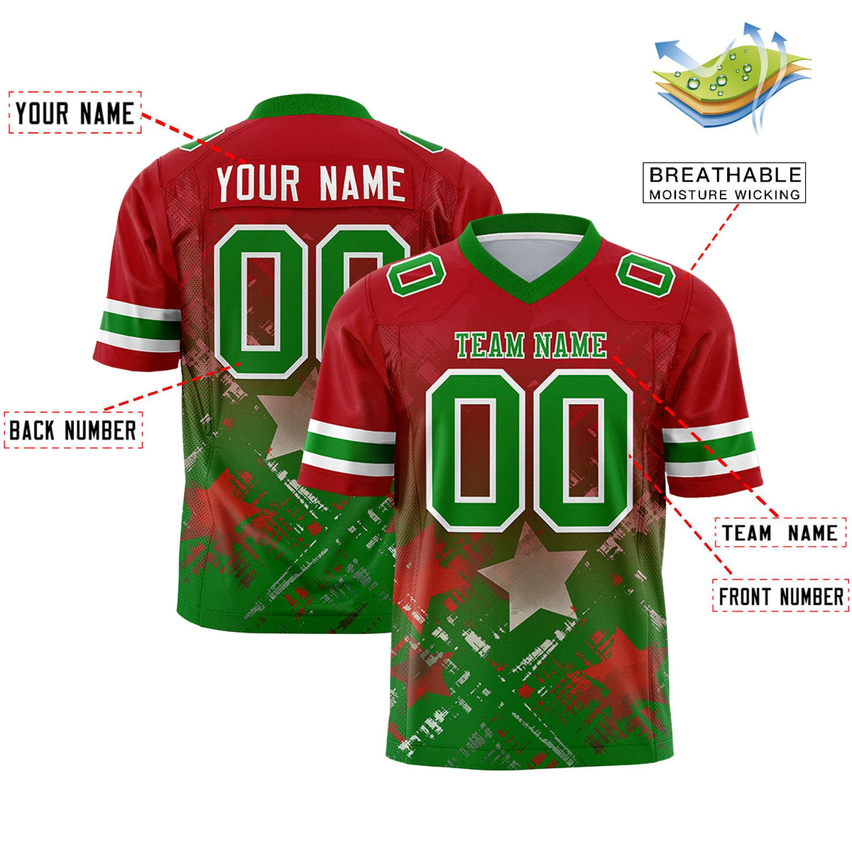 Custom Red Kelly Green Personalized Star Gradient Authentic American Football Jersey
