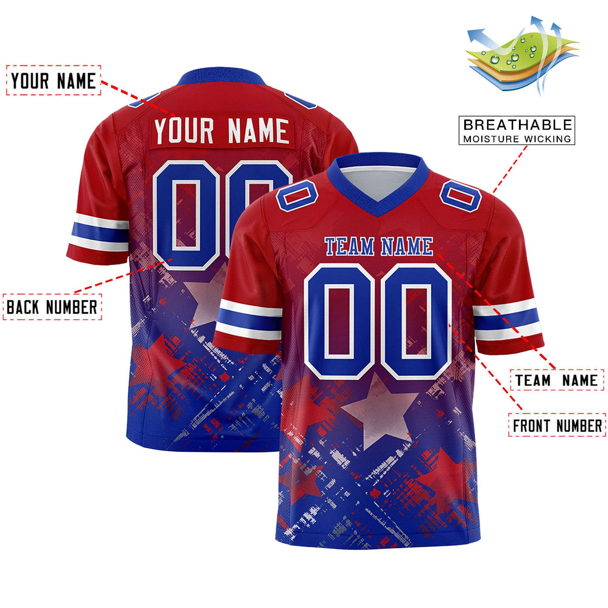 Custom Red Royal Personalized Star Gradient Authentic American Football Jersey