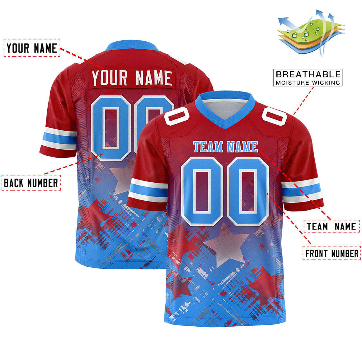 Custom Red Light Blue Personalized Star Gradient Authentic American Football Jersey