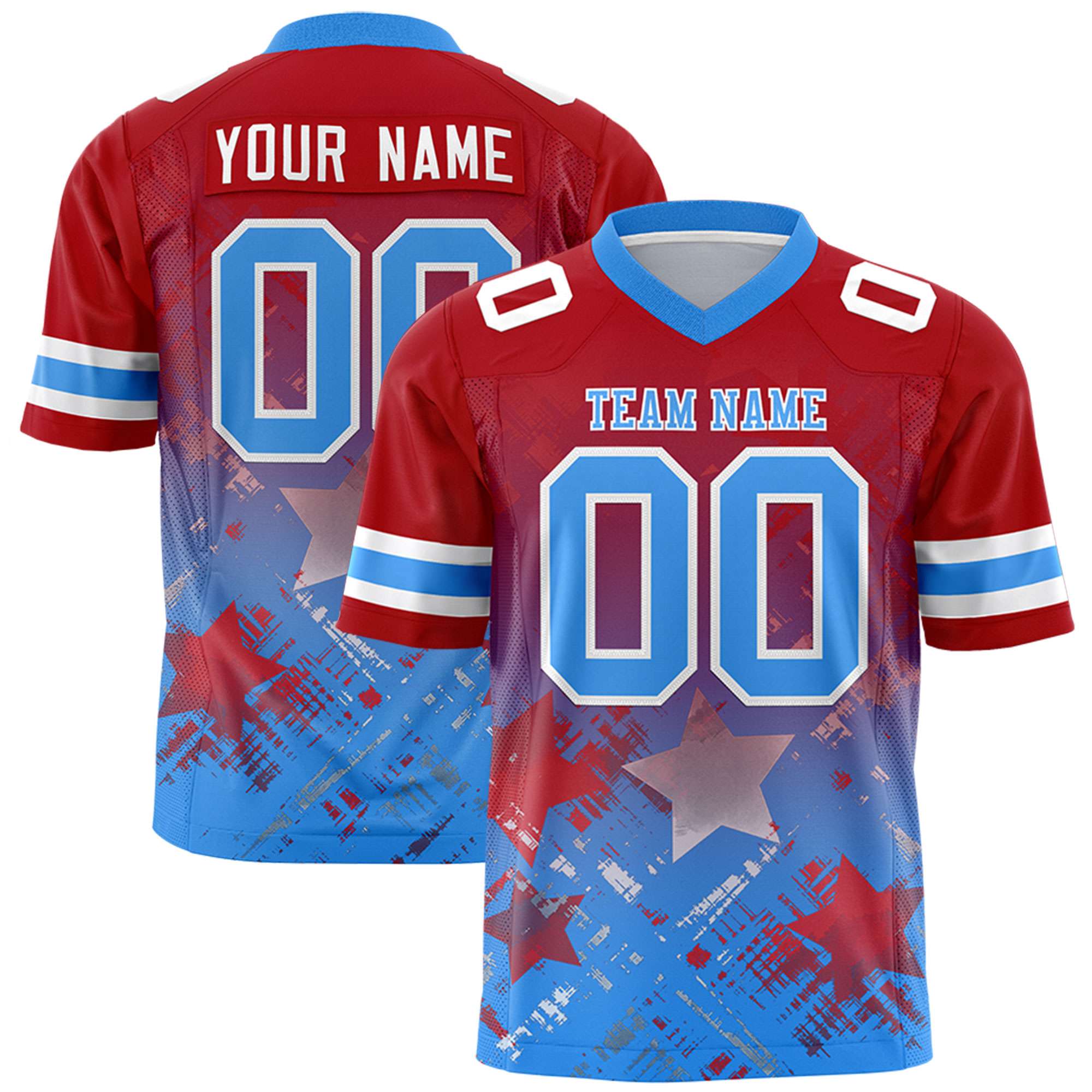 Custom Red Light Blue Personalized Star Gradient Authentic American Football Jersey