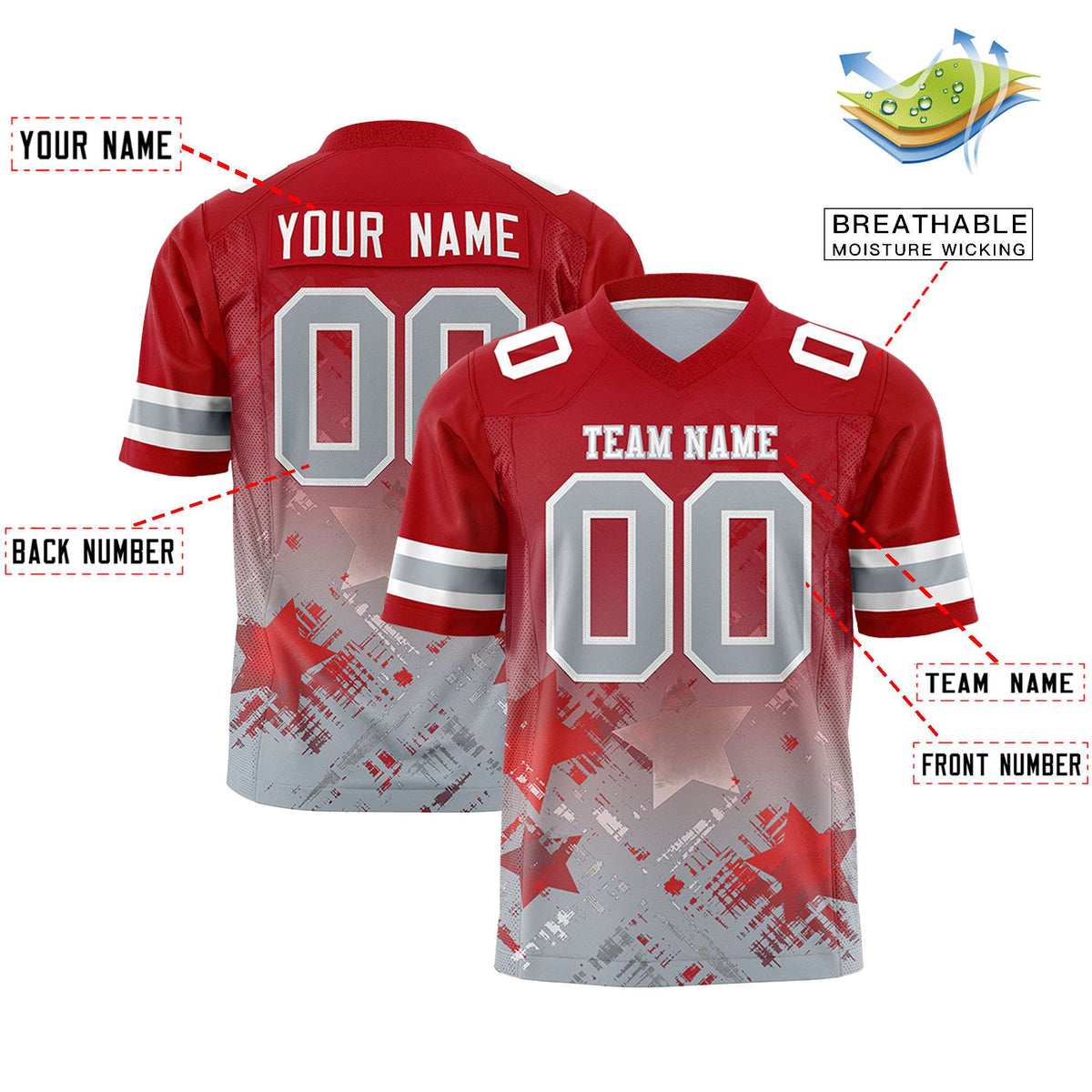 Custom Red Red Personalized Star Gradient Authentic American Football Jersey