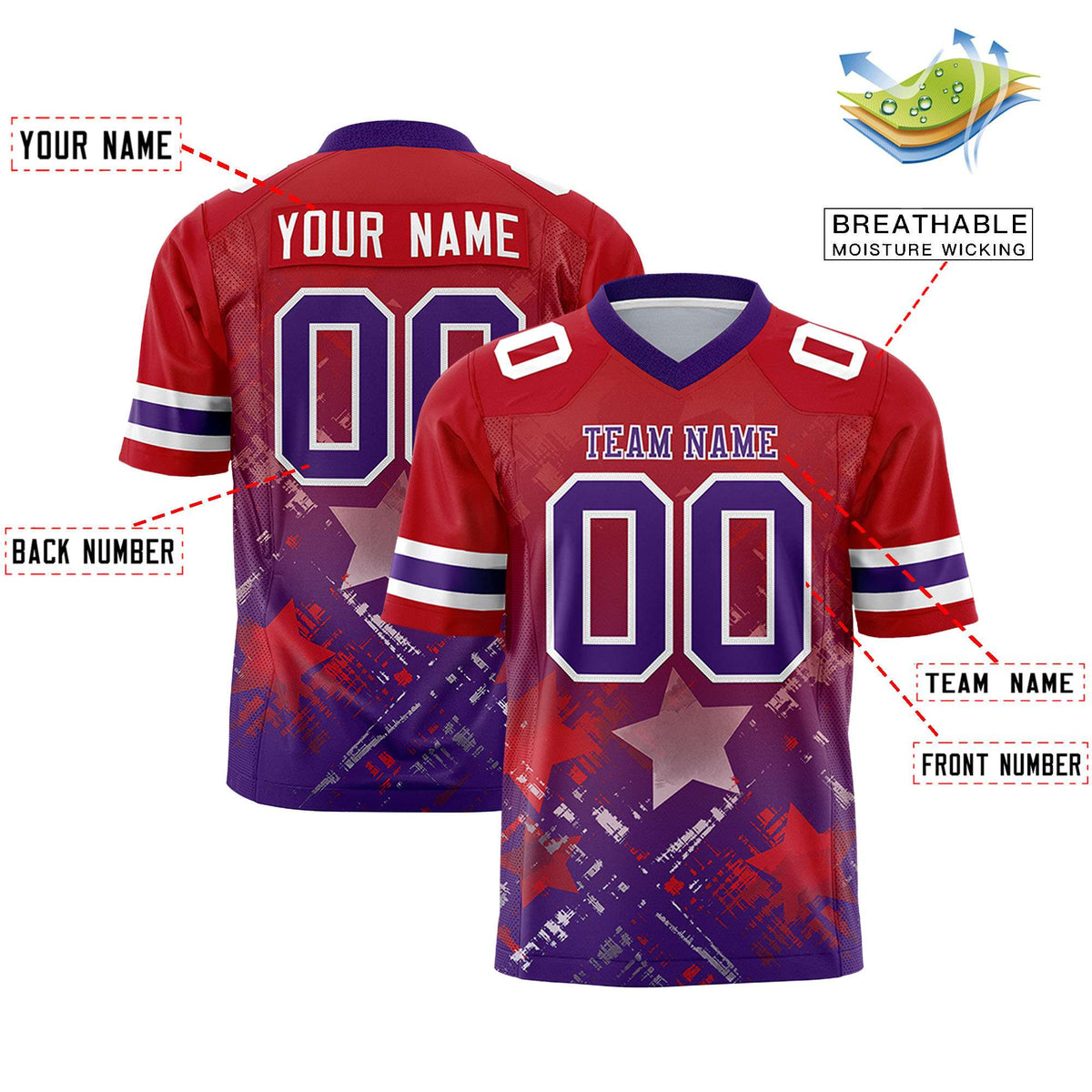 Custom Red Purple Personalized Star Gradient Authentic American Football Jersey