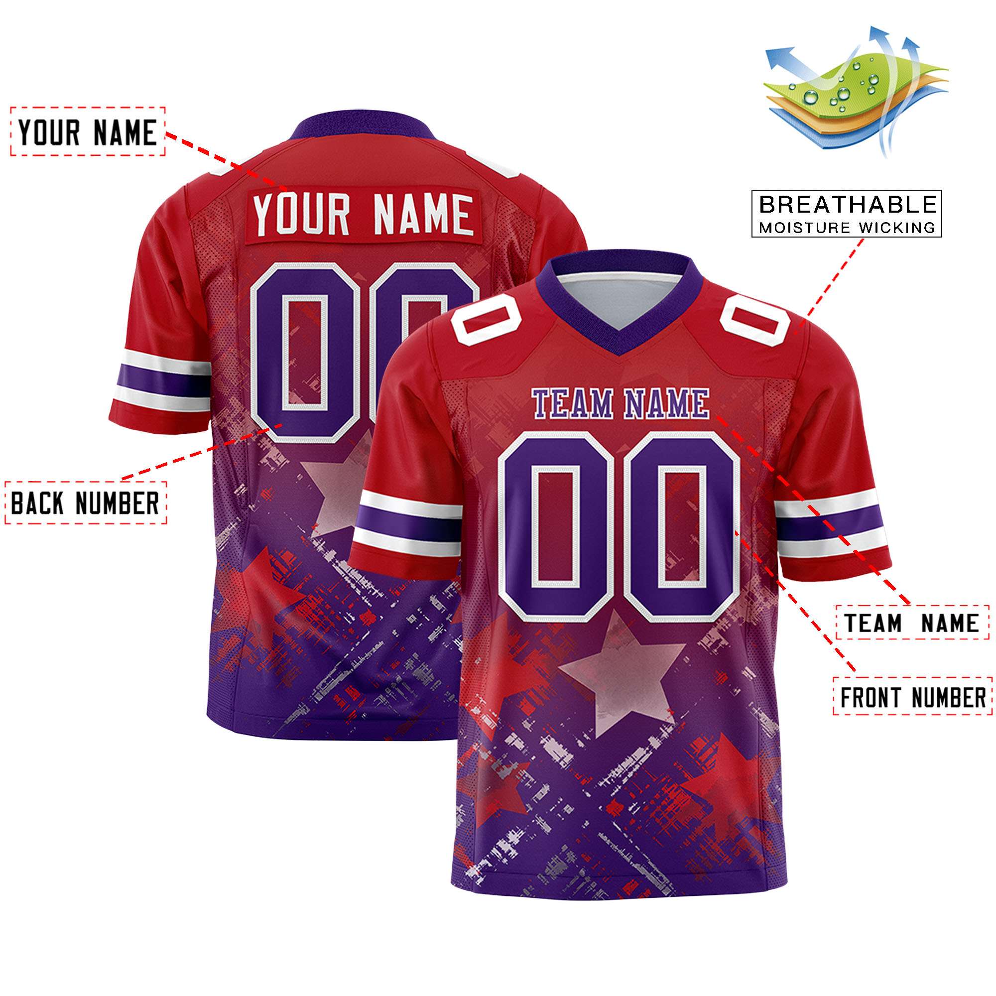 Custom Red Purple Personalized Star Gradient Authentic American Football Jersey